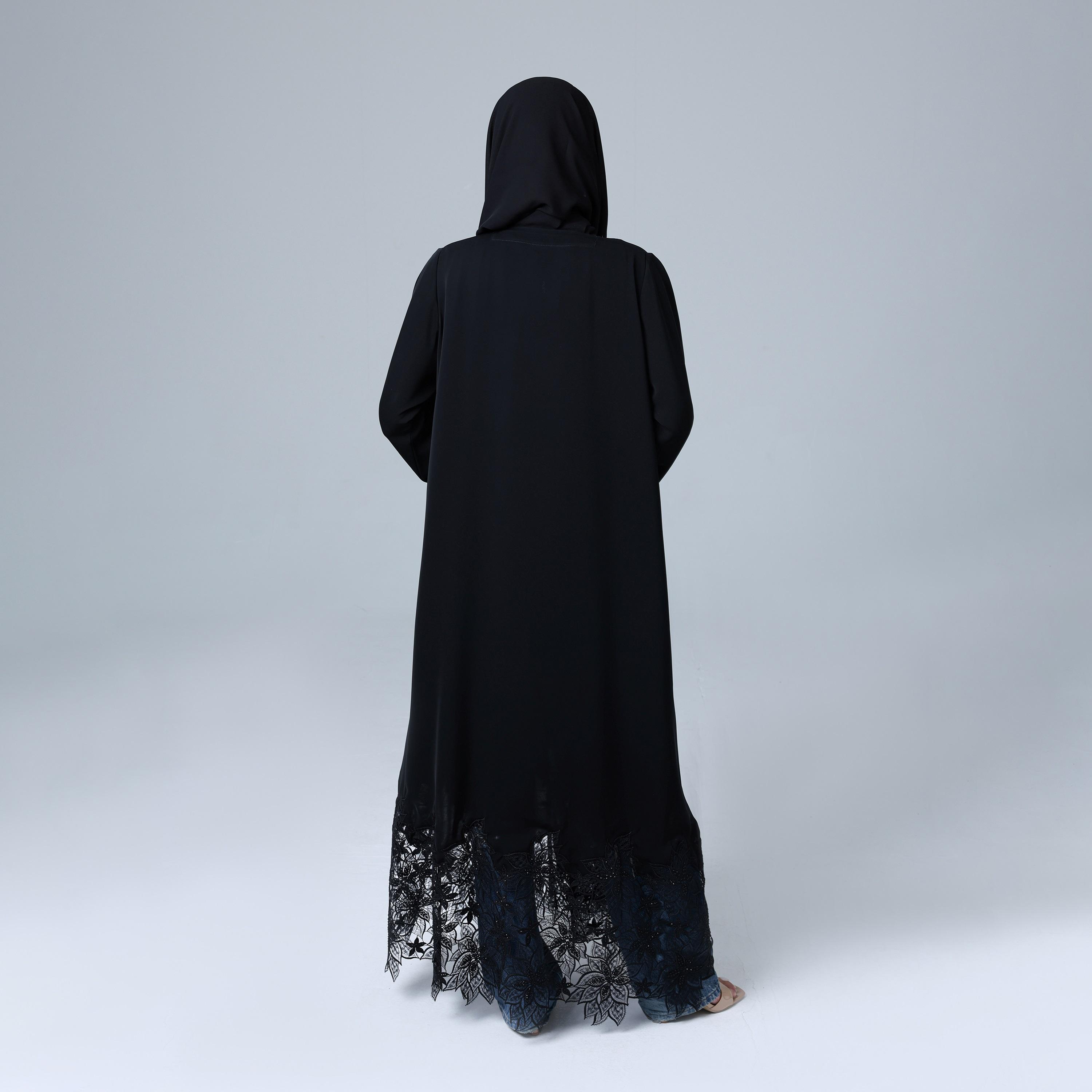 IKKXA Black Lace Work Wide Sleeves Nida Women's Abaya with Hijab-women-arabicclothing-abayas-image-4