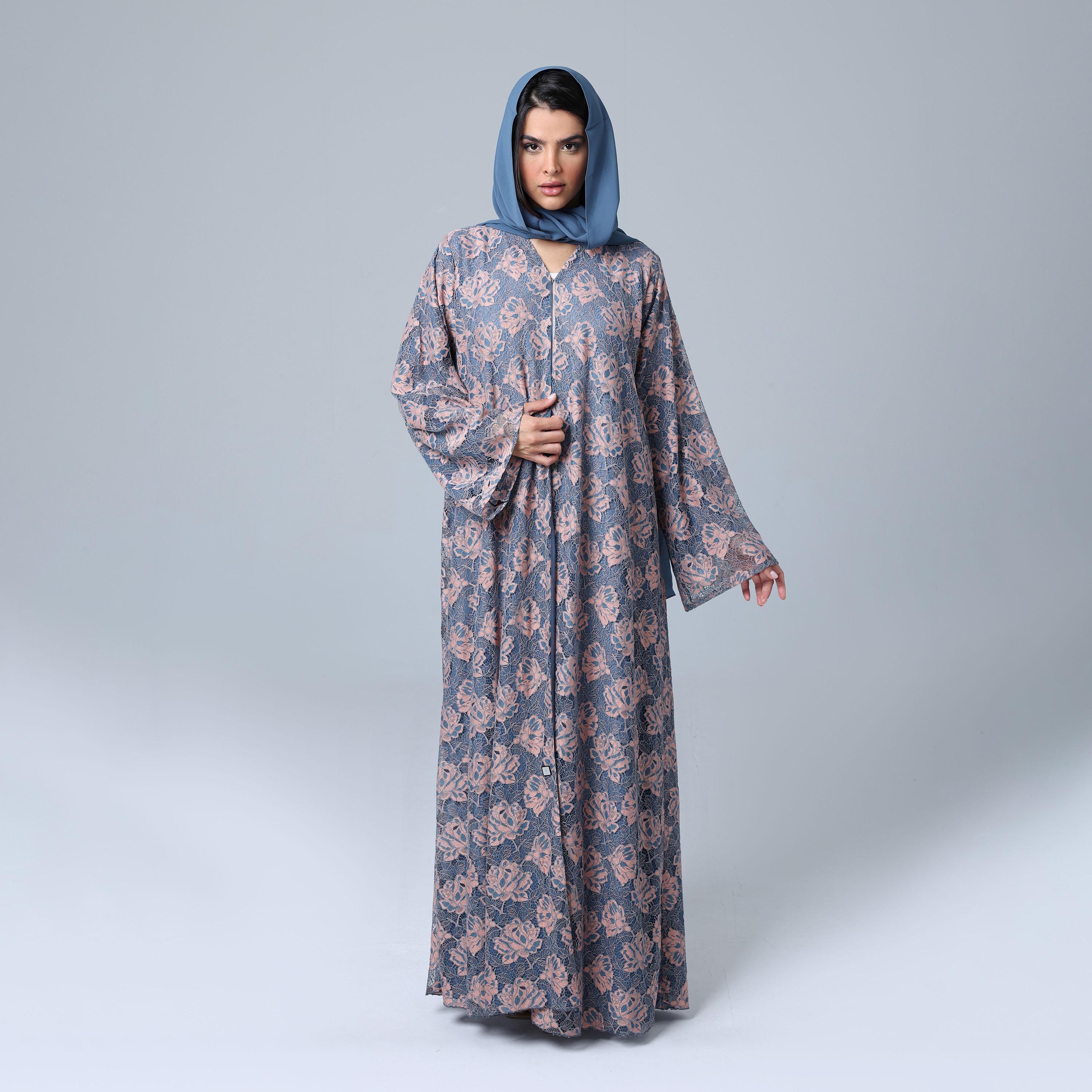 IKKXA Grey All-Over Floral Lace Wide Sleeves Chiffon Women's Abaya with Hijab-women-arabicclothing-abayas-image-1