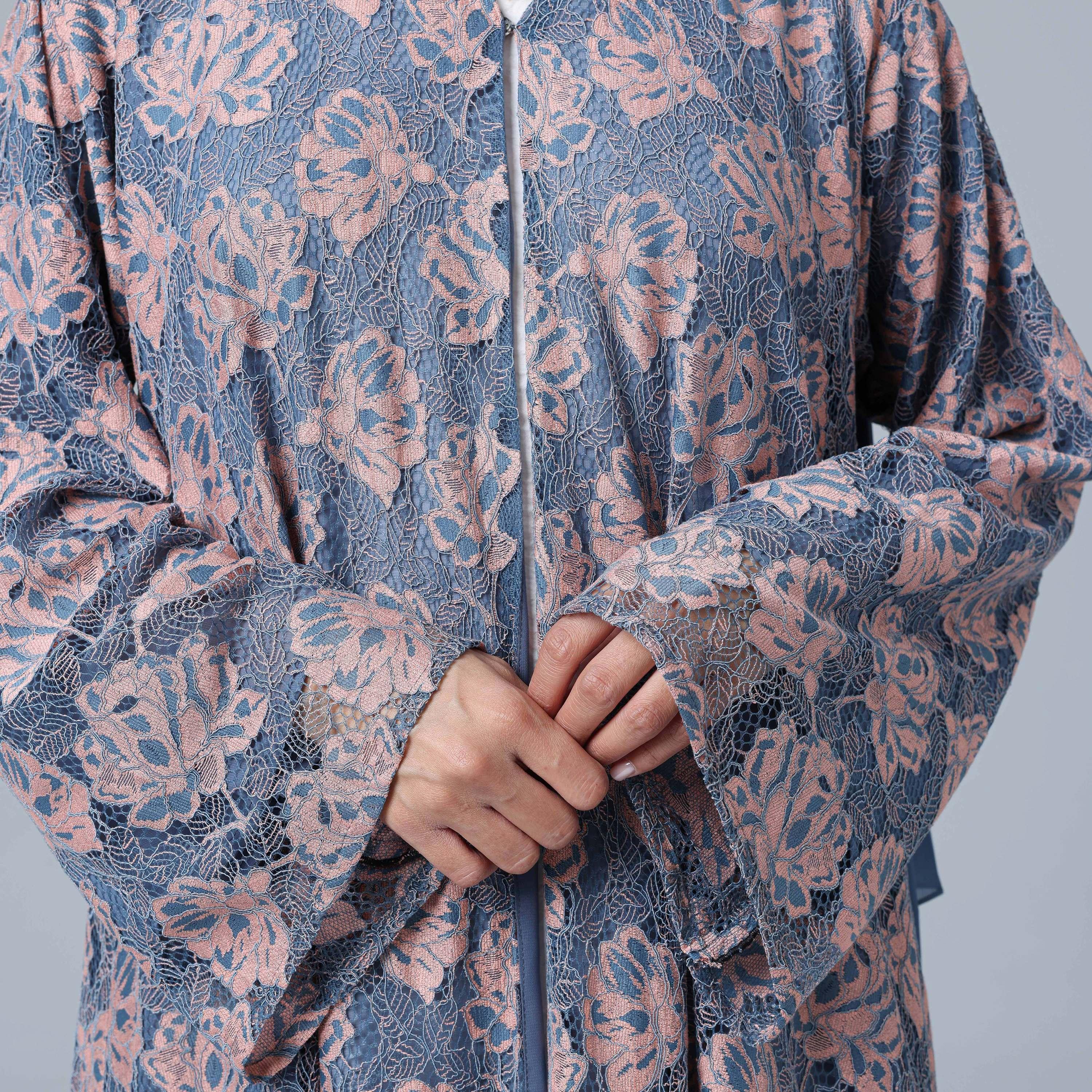 IKKXA Grey All-Over Floral Lace Wide Sleeves Chiffon Women's Abaya with Hijab-women-arabicclothing-abayas-image-2