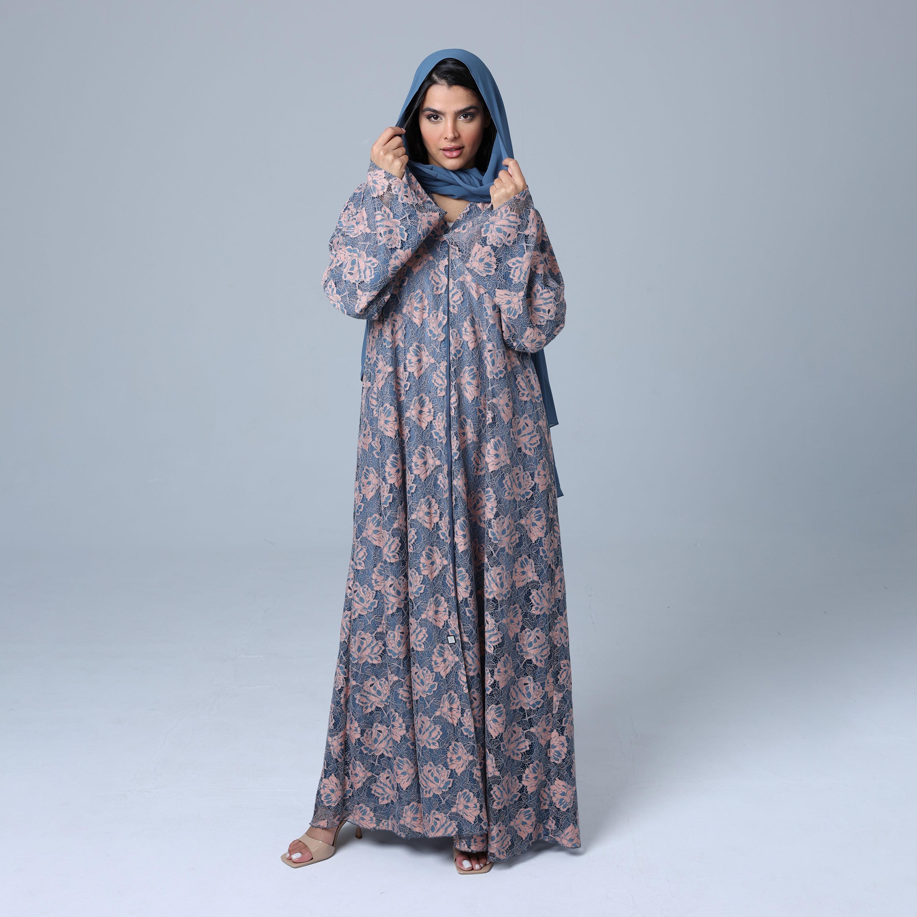 IKKXA Grey All-Over Floral Lace Wide Sleeves Chiffon Women's Abaya with Hijab-women-arabicclothing-abayas-image-3