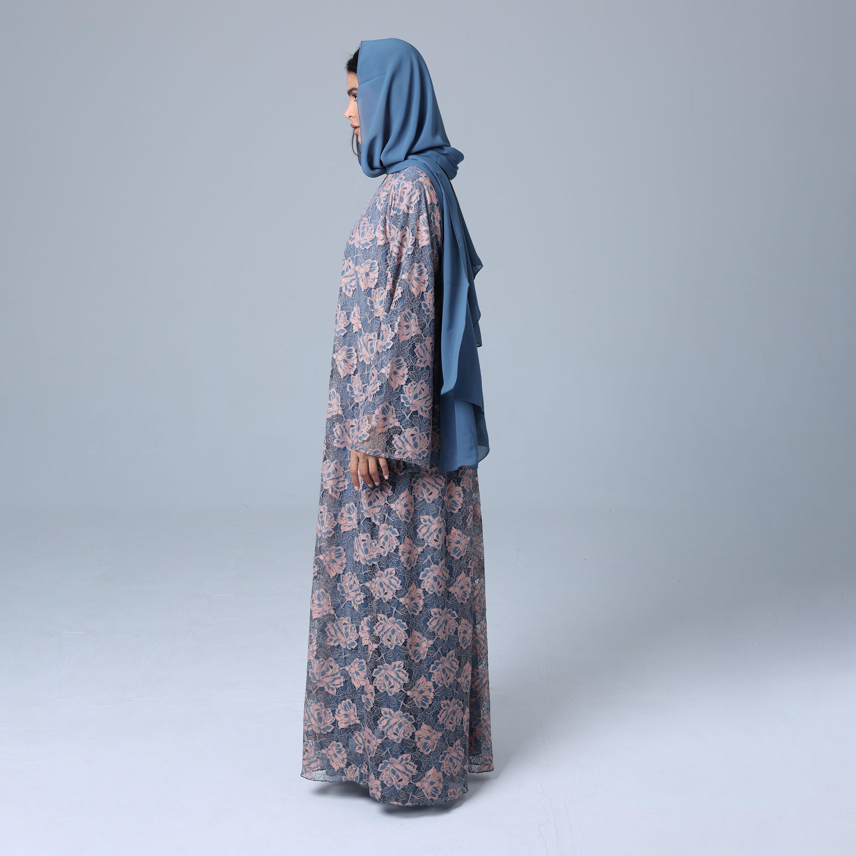 IKKXA Grey All-Over Floral Lace Wide Sleeves Chiffon Women's Abaya with Hijab-women-arabicclothing-abayas-image-4