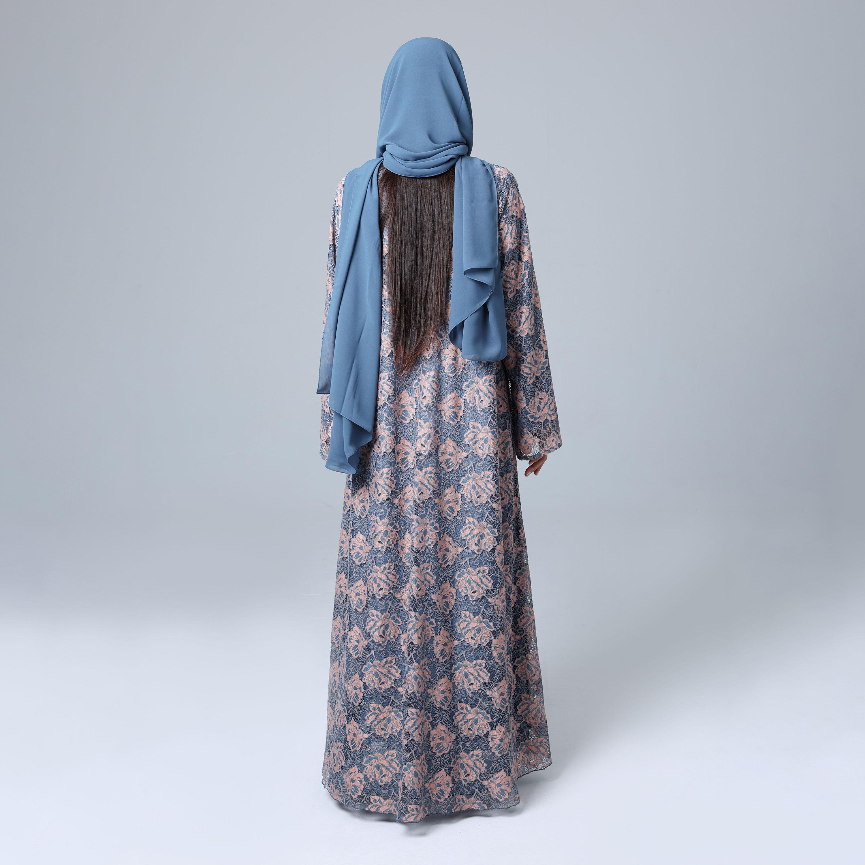 IKKXA Grey All-Over Floral Lace Wide Sleeves Chiffon Women's Abaya with Hijab-women-arabicclothing-abayas-image-5