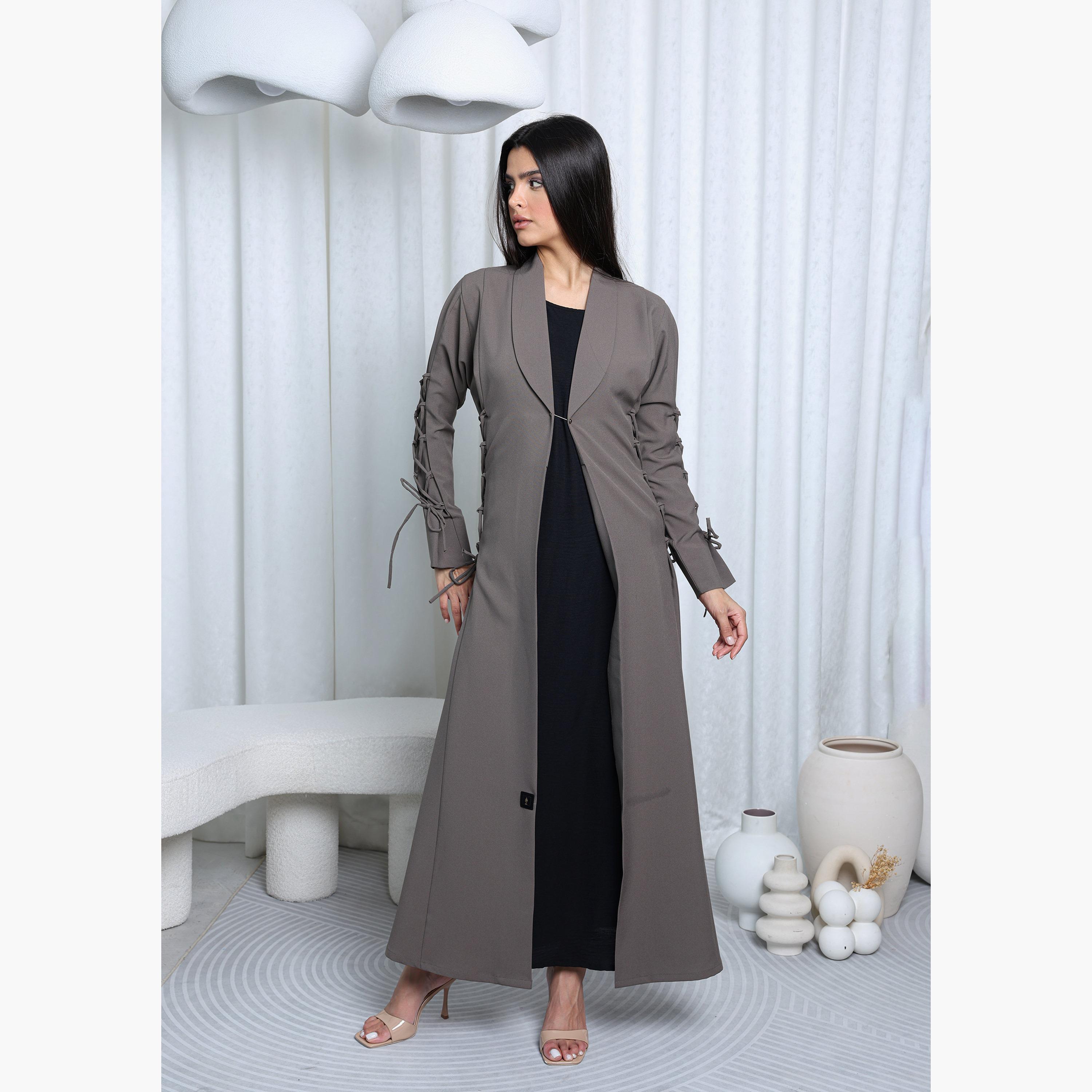 IKKXA Grey Lapel Collar Crisscross Knotted Sleeves Women's Formal Blazer Style Abaya with Hijab-women-arabicclothing-abayas-image-3
