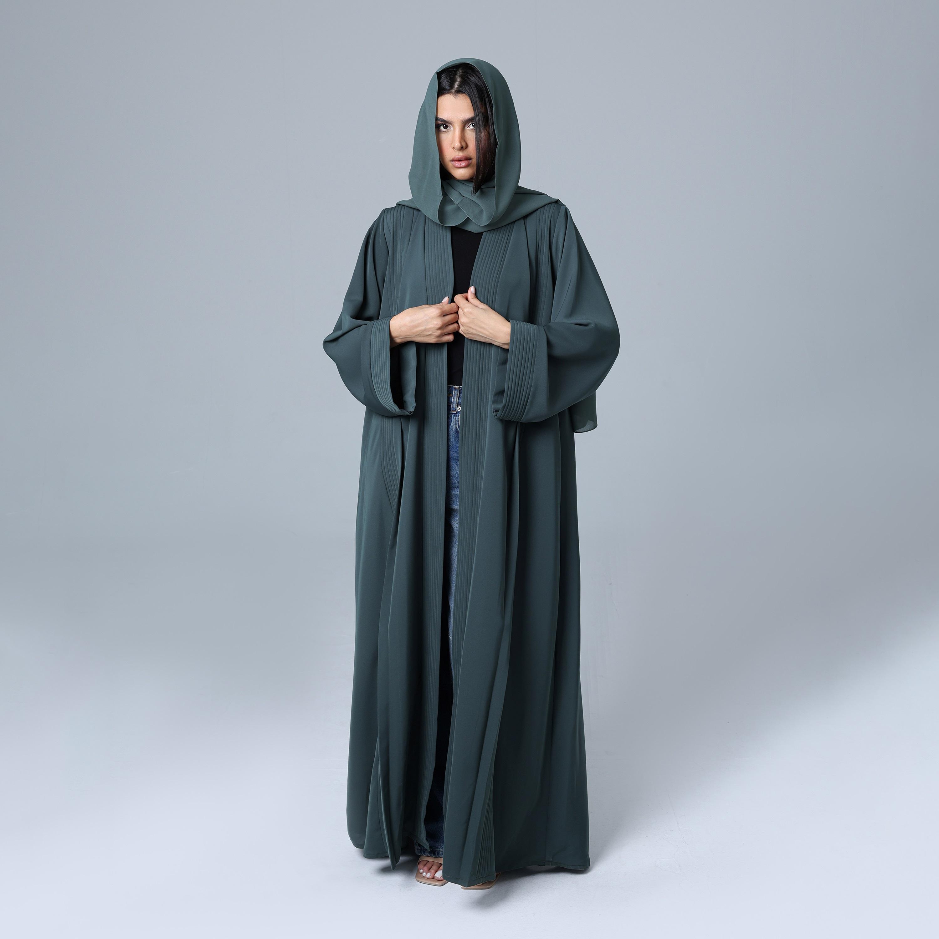 IKKXA Teal Pin-Tucked Pleats Wide Sleeves Women's Abaya with Hijab-women-arabicclothing-abayas-image-1