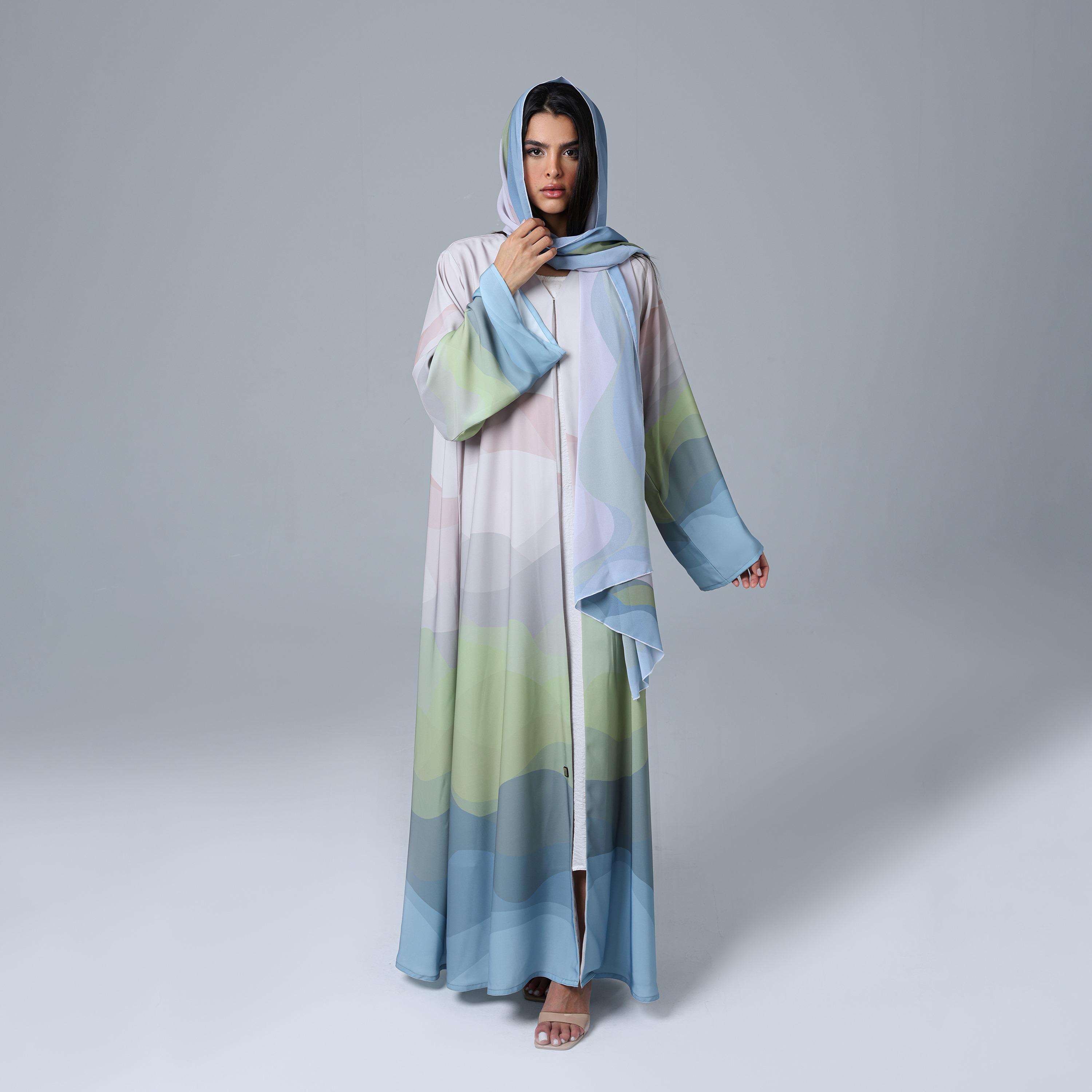 عباءة نسائية بألوان متعددة من قماش النيدا بطبعة مجردة مع حجاب من إككسا.-women-arabicclothing-abayas-image-1