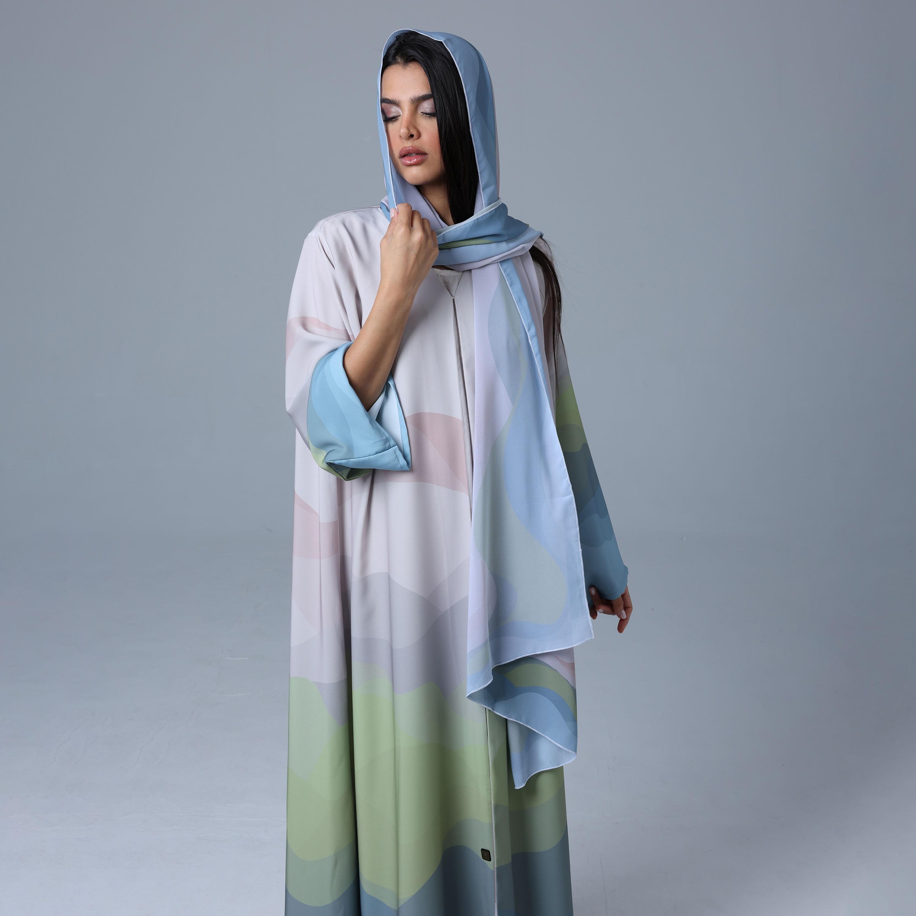 عباءة نسائية بألوان متعددة من قماش النيدا بطبعة مجردة مع حجاب من إككسا.-women-arabicclothing-abayas-image-2
