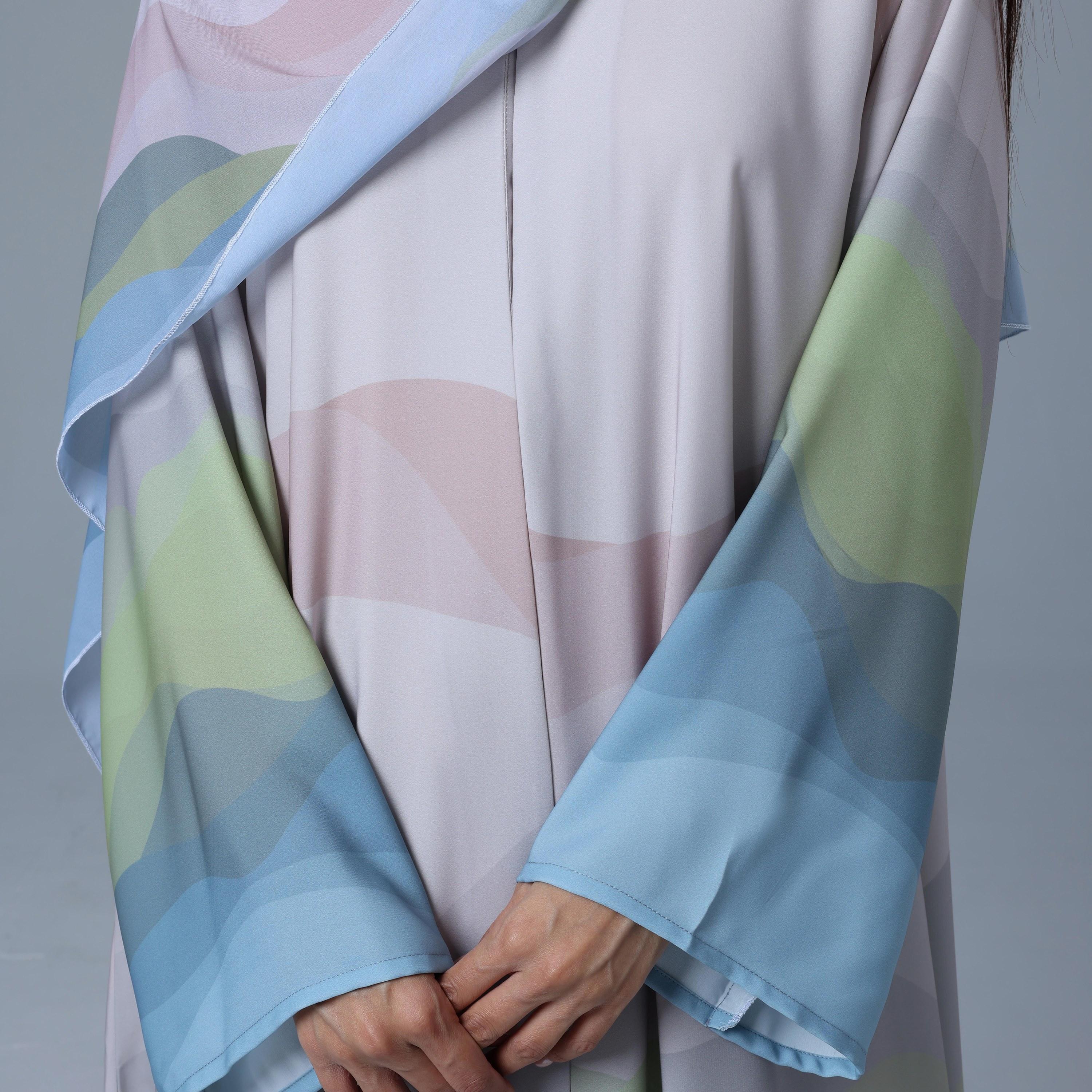 عباءة نسائية بألوان متعددة من قماش النيدا بطبعة مجردة مع حجاب من إككسا.-women-arabicclothing-abayas-image-3