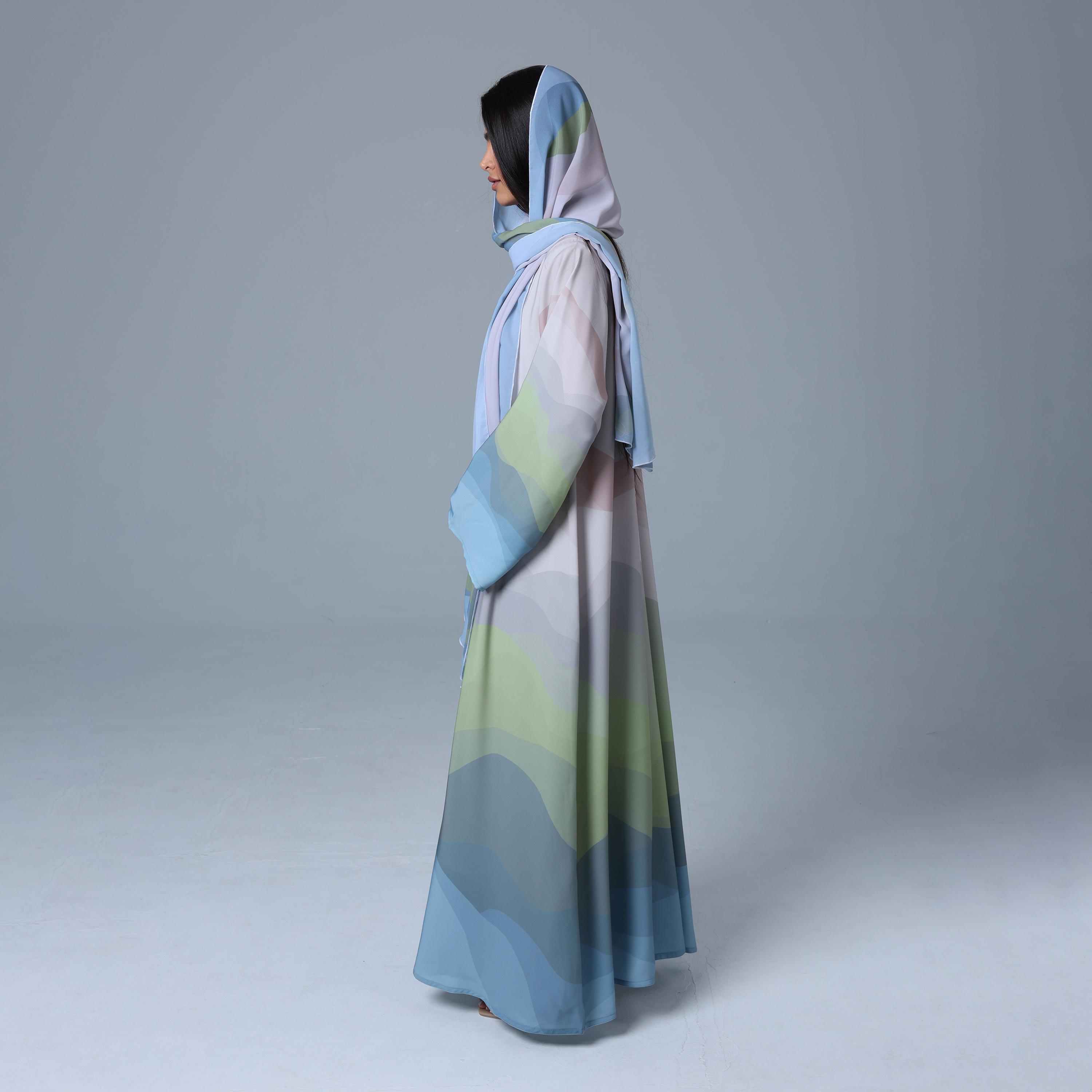عباءة نسائية بألوان متعددة من قماش النيدا بطبعة مجردة مع حجاب من إككسا.-women-arabicclothing-abayas-image-4
