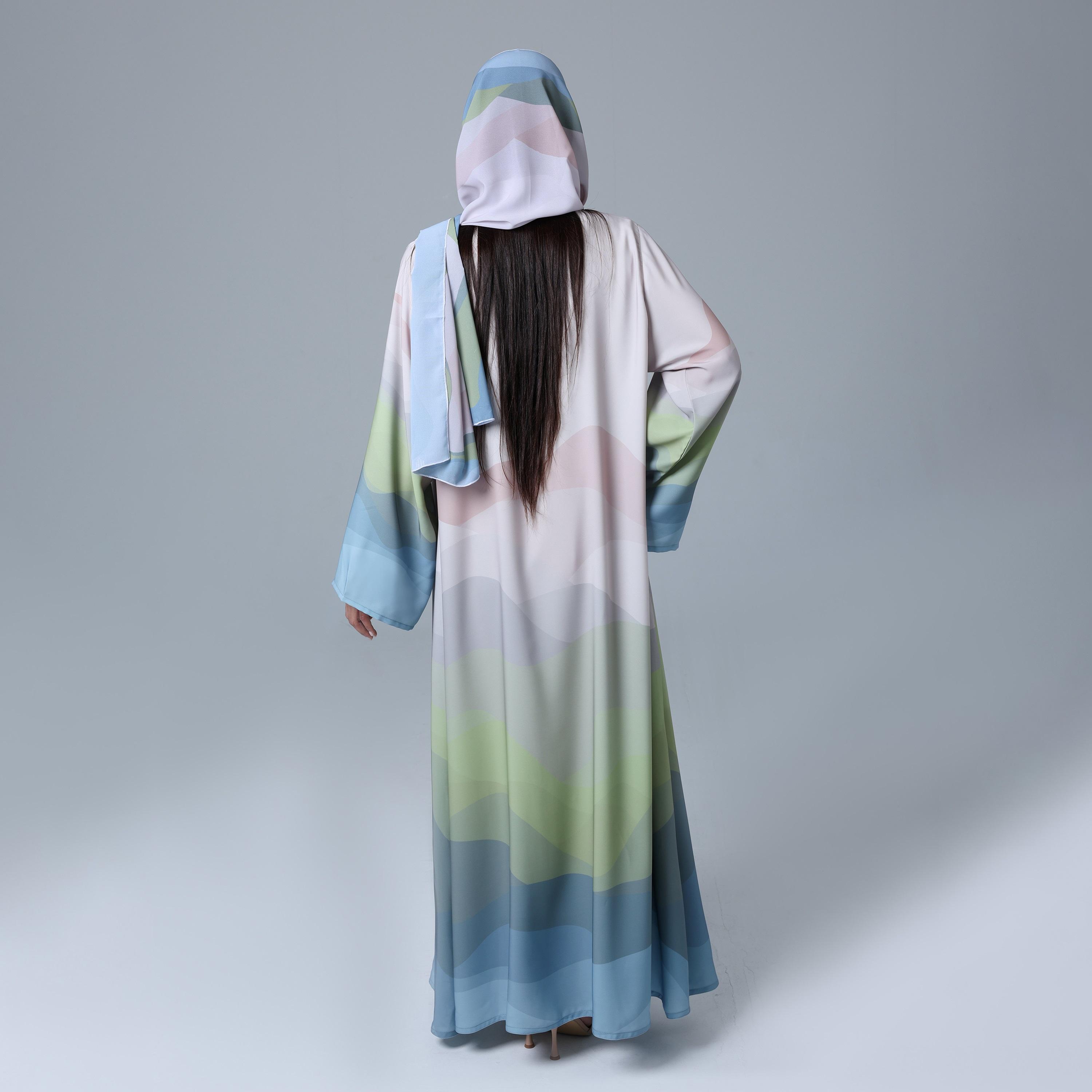 عباءة نسائية بألوان متعددة من قماش النيدا بطبعة مجردة مع حجاب من إككسا.-women-arabicclothing-abayas-image-5
