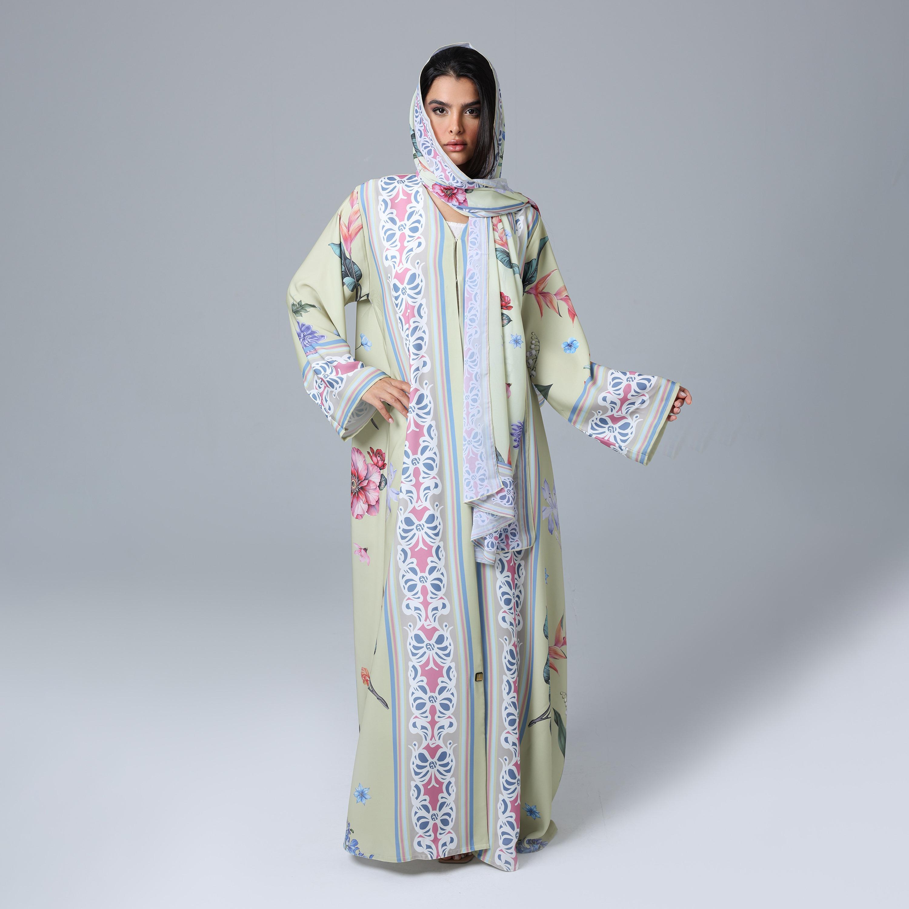 IKKXA Yellow Floral Print Wide Sleeves Nida Women's Abaya with Hijab-women-arabicclothing-abayas-image-1