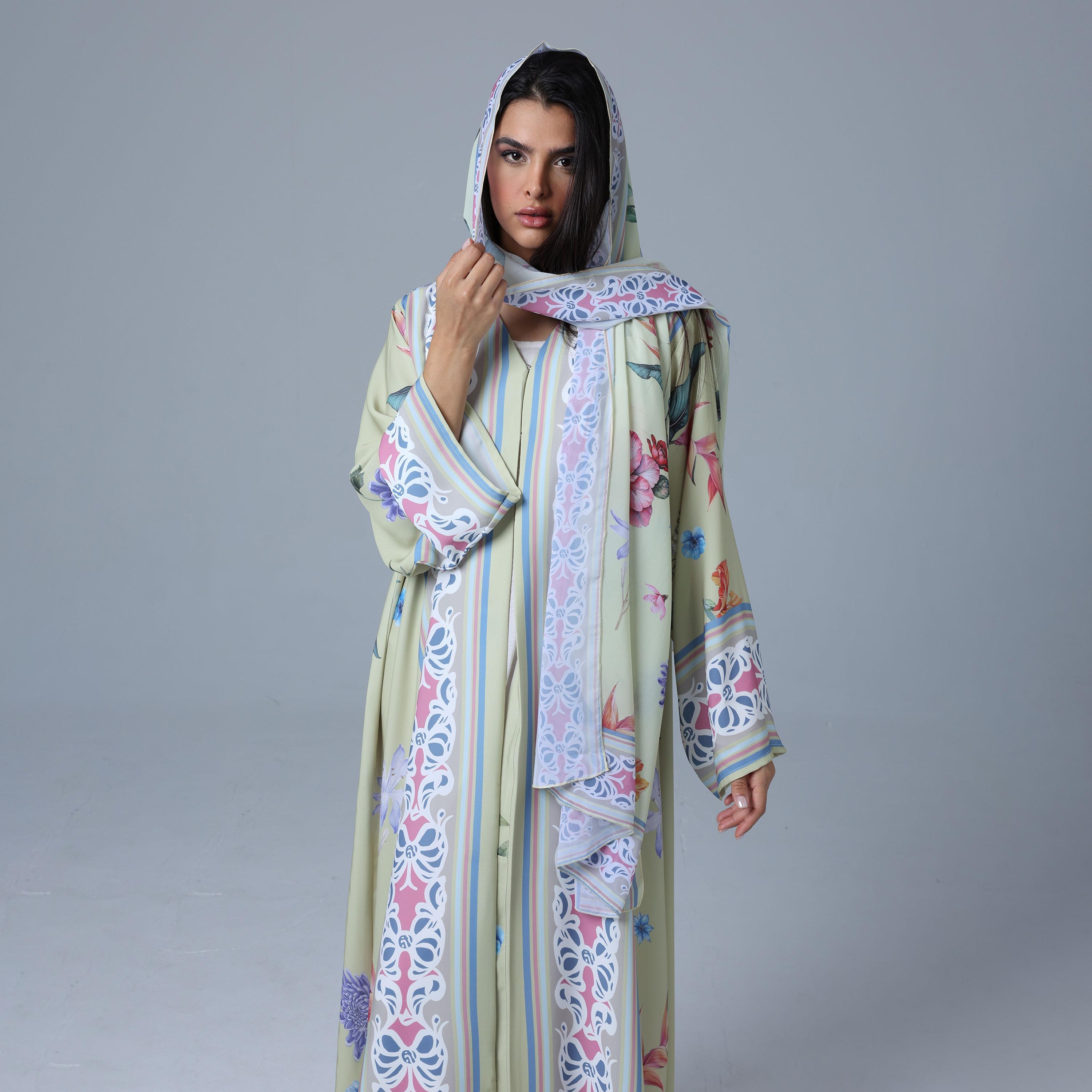 IKKXA Yellow Floral Print Wide Sleeves Nida Women's Abaya with Hijab-women-arabicclothing-abayas-image-2