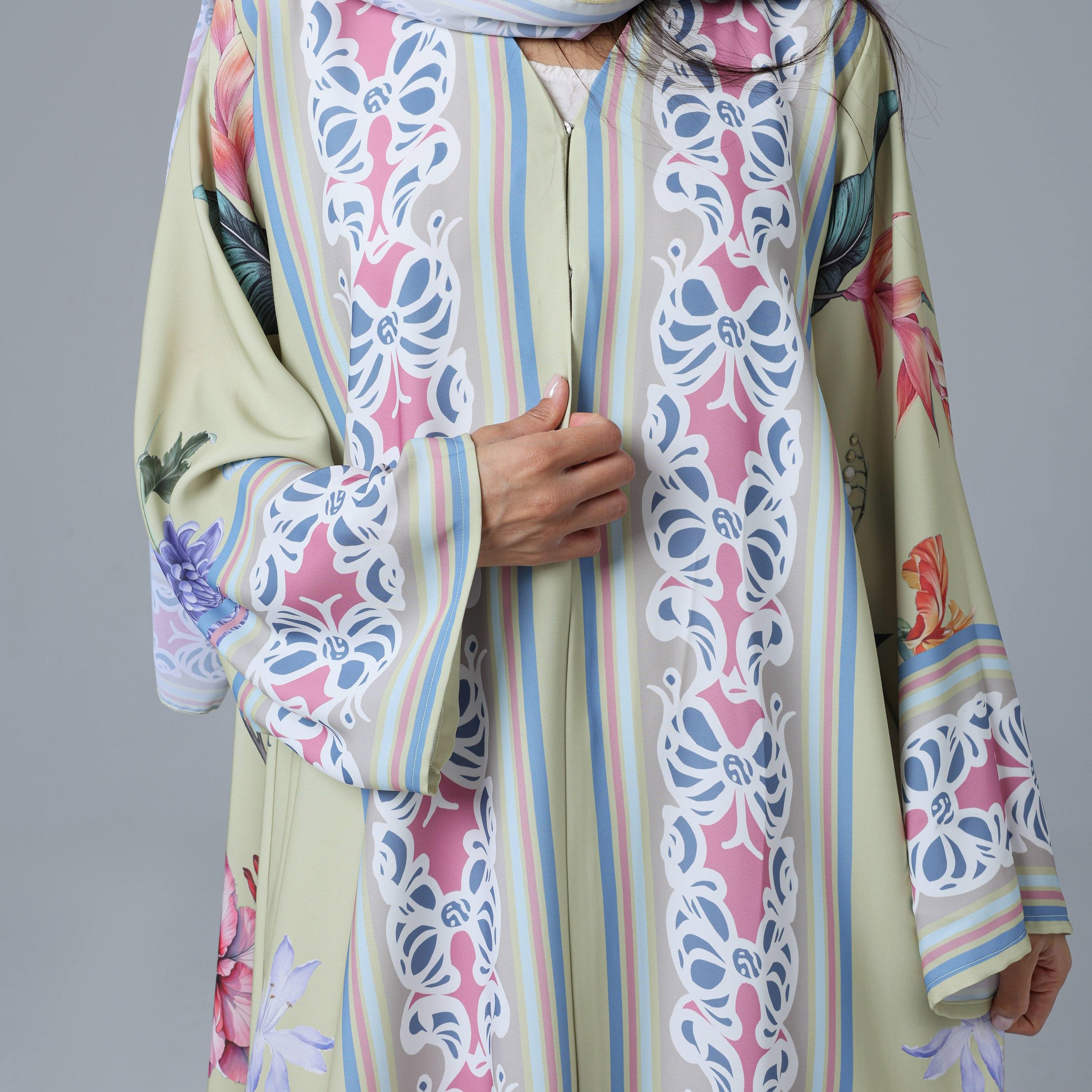 IKKXA Yellow Floral Print Wide Sleeves Nida Women's Abaya with Hijab-women-arabicclothing-abayas-image-3