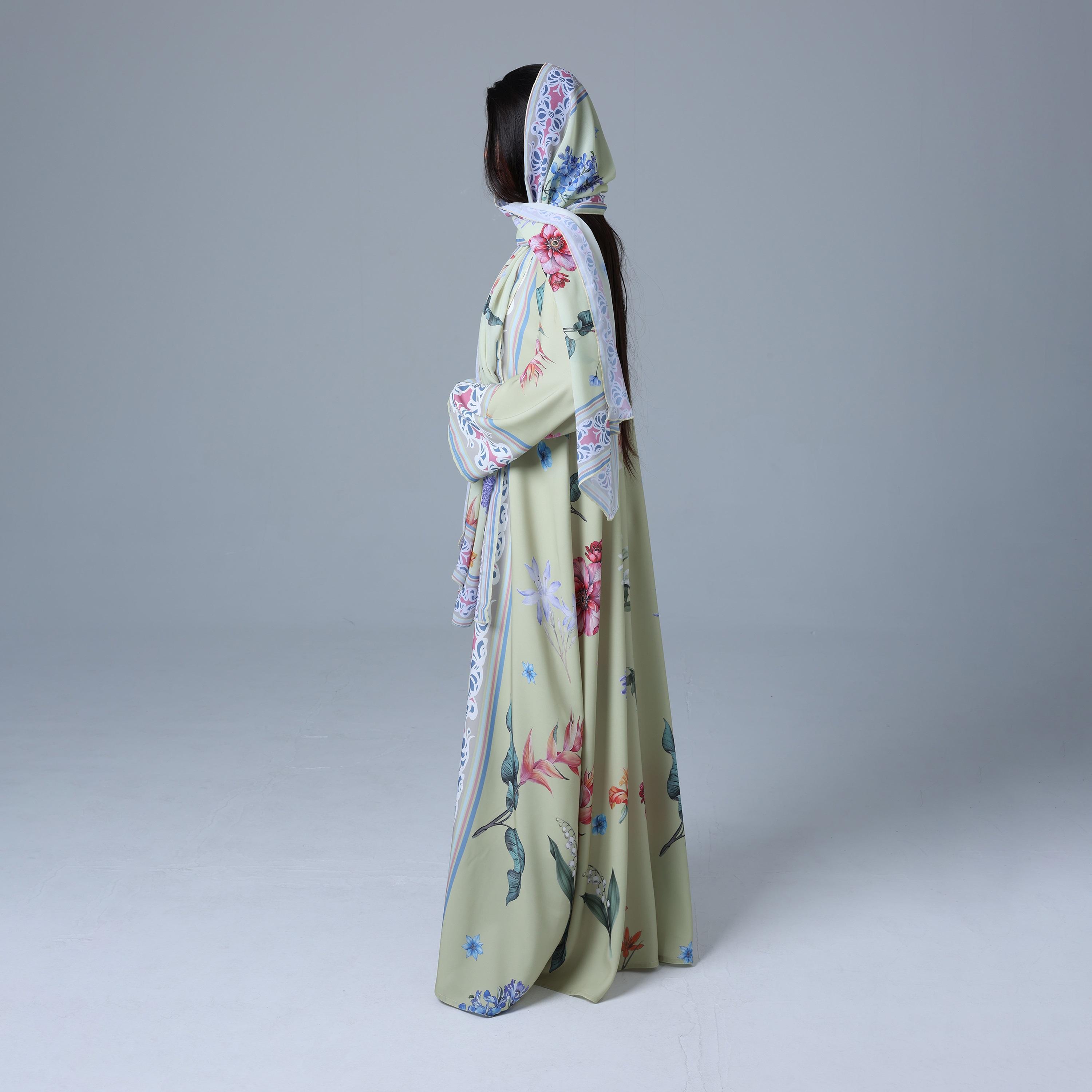 IKKXA Yellow Floral Print Wide Sleeves Nida Women's Abaya with Hijab-women-arabicclothing-abayas-image-4