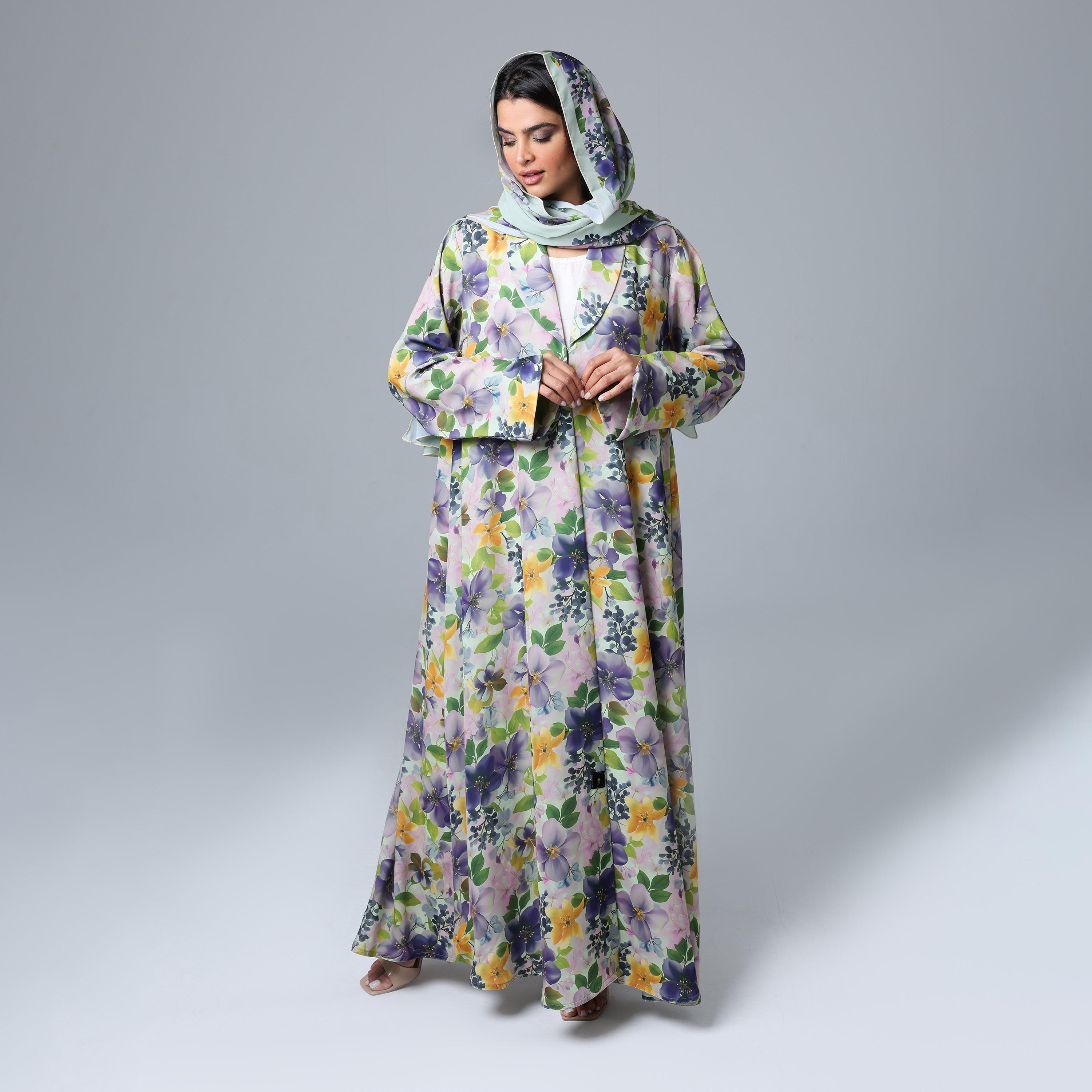 IKKXA Multicolour Floral Lapel Collar Slit Sleeves Nida Women's Blazer Style Abaya with Hijab-women-arabicclothing-abayas-image-1