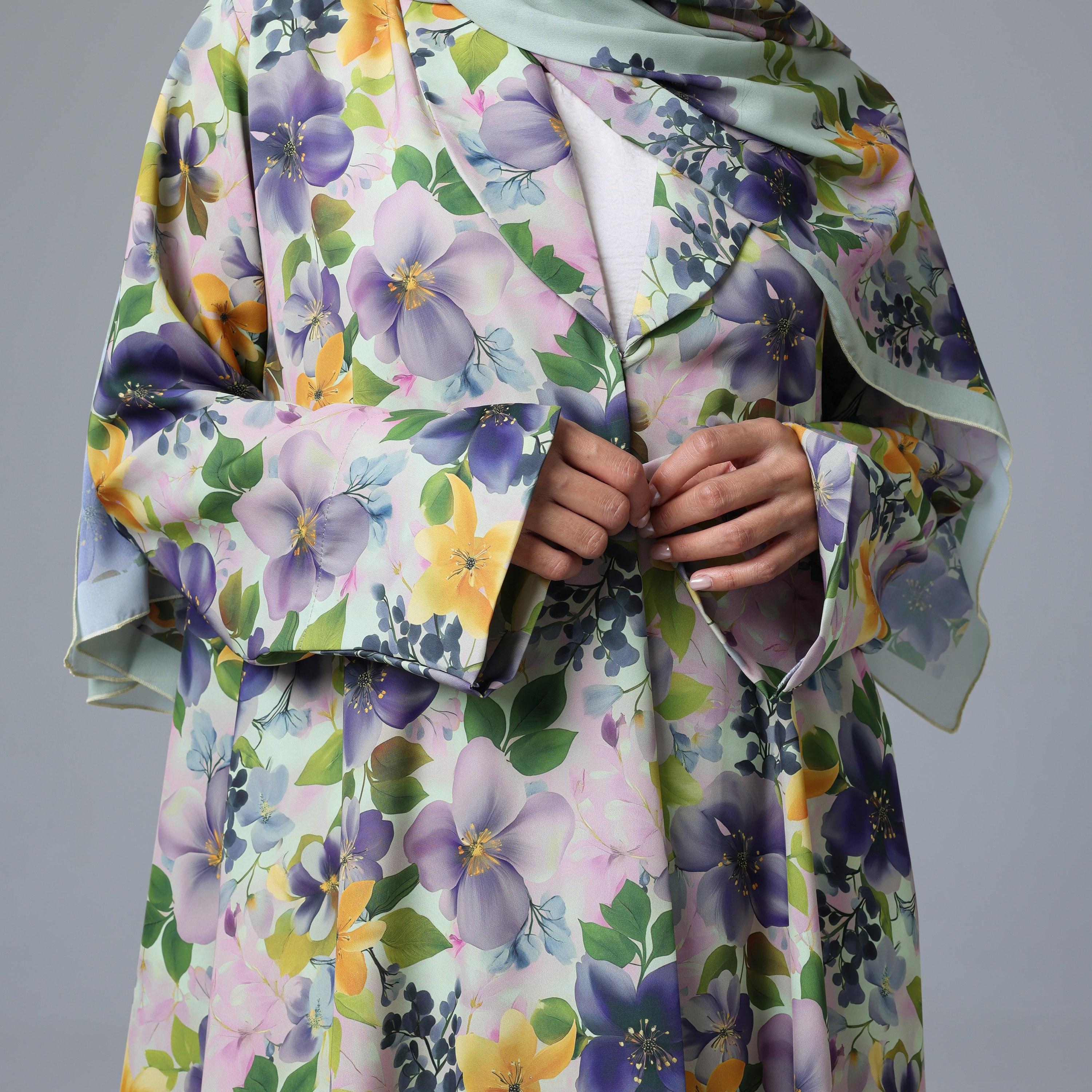 IKKXA Multicolour Floral Lapel Collar Slit Sleeves Nida Women's Blazer Style Abaya with Hijab-women-arabicclothing-abayas-image-2