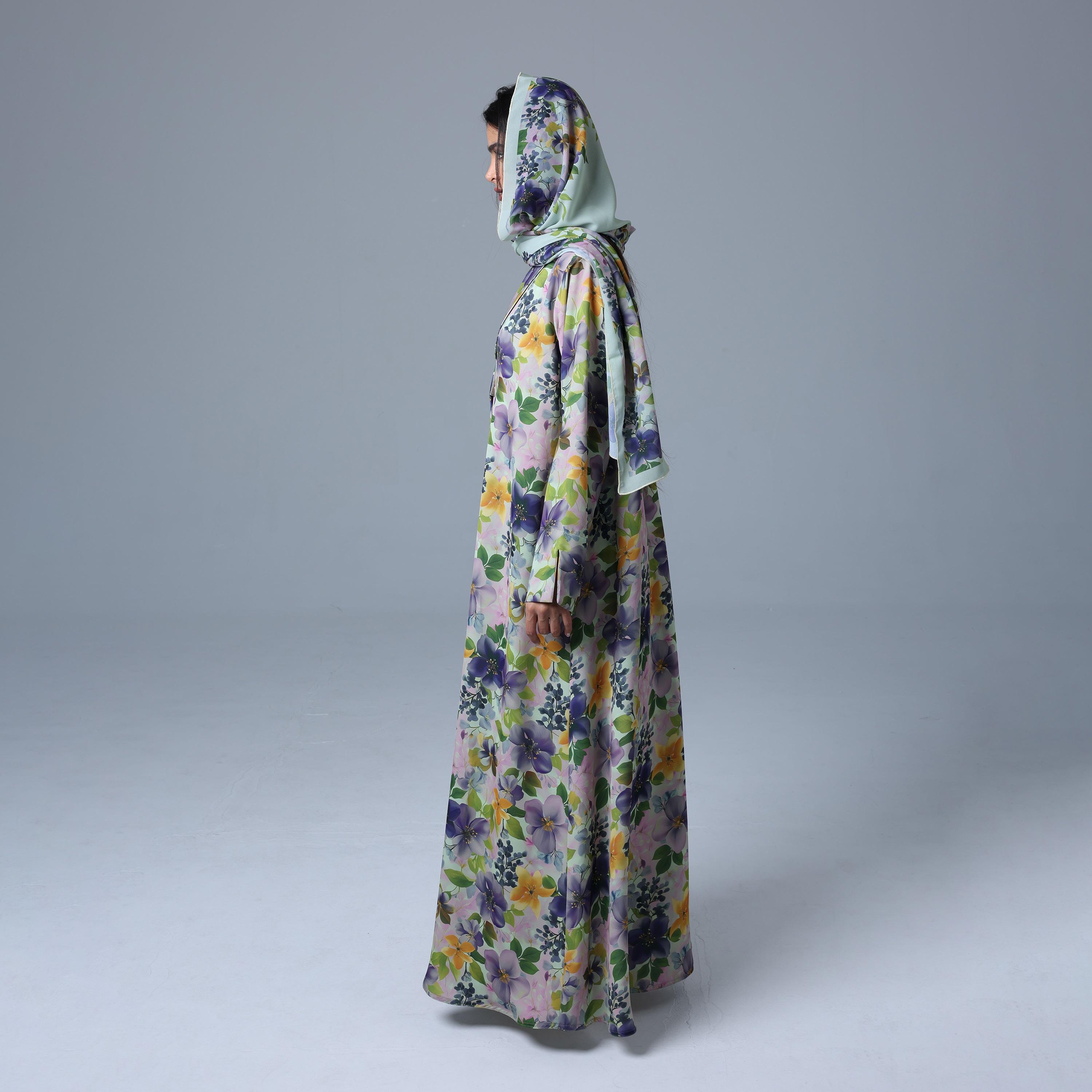 IKKXA Multicolour Floral Lapel Collar Slit Sleeves Nida Women's Blazer Style Abaya with Hijab-women-arabicclothing-abayas-image-4