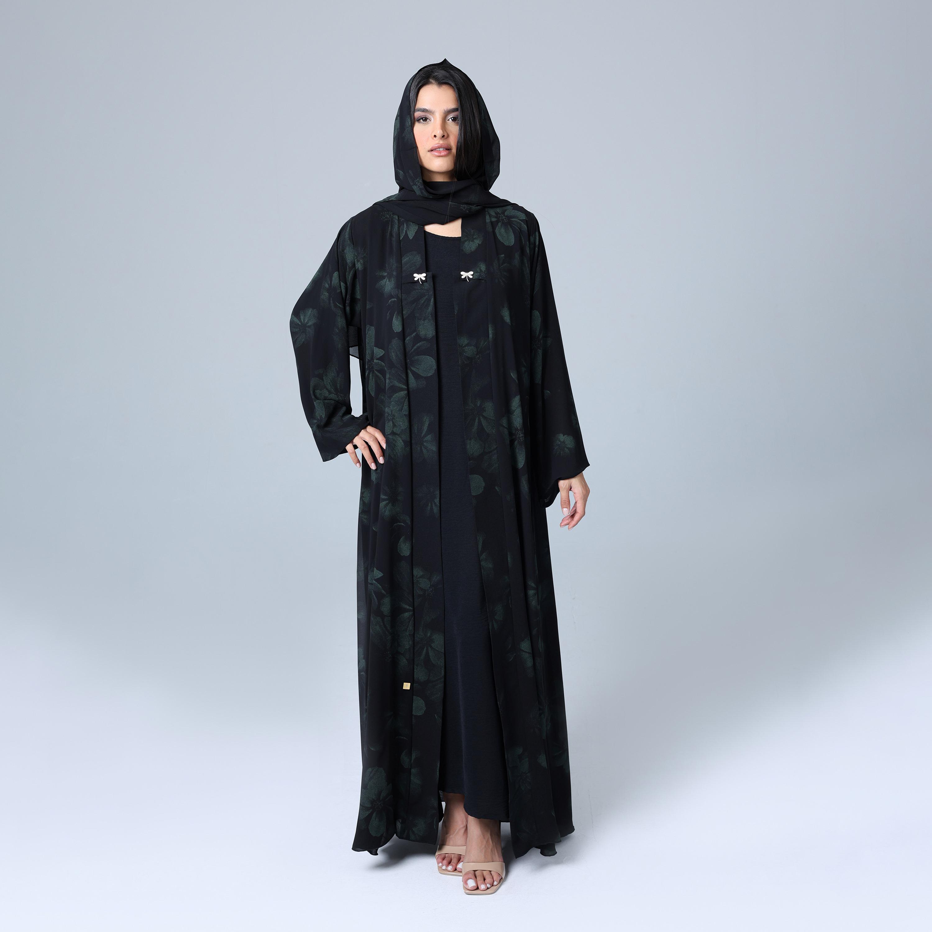IKKXA Floral Wide Sleeves Chiffon Women's Abaya with Hijab-women-arabicclothing-abayas-image-1