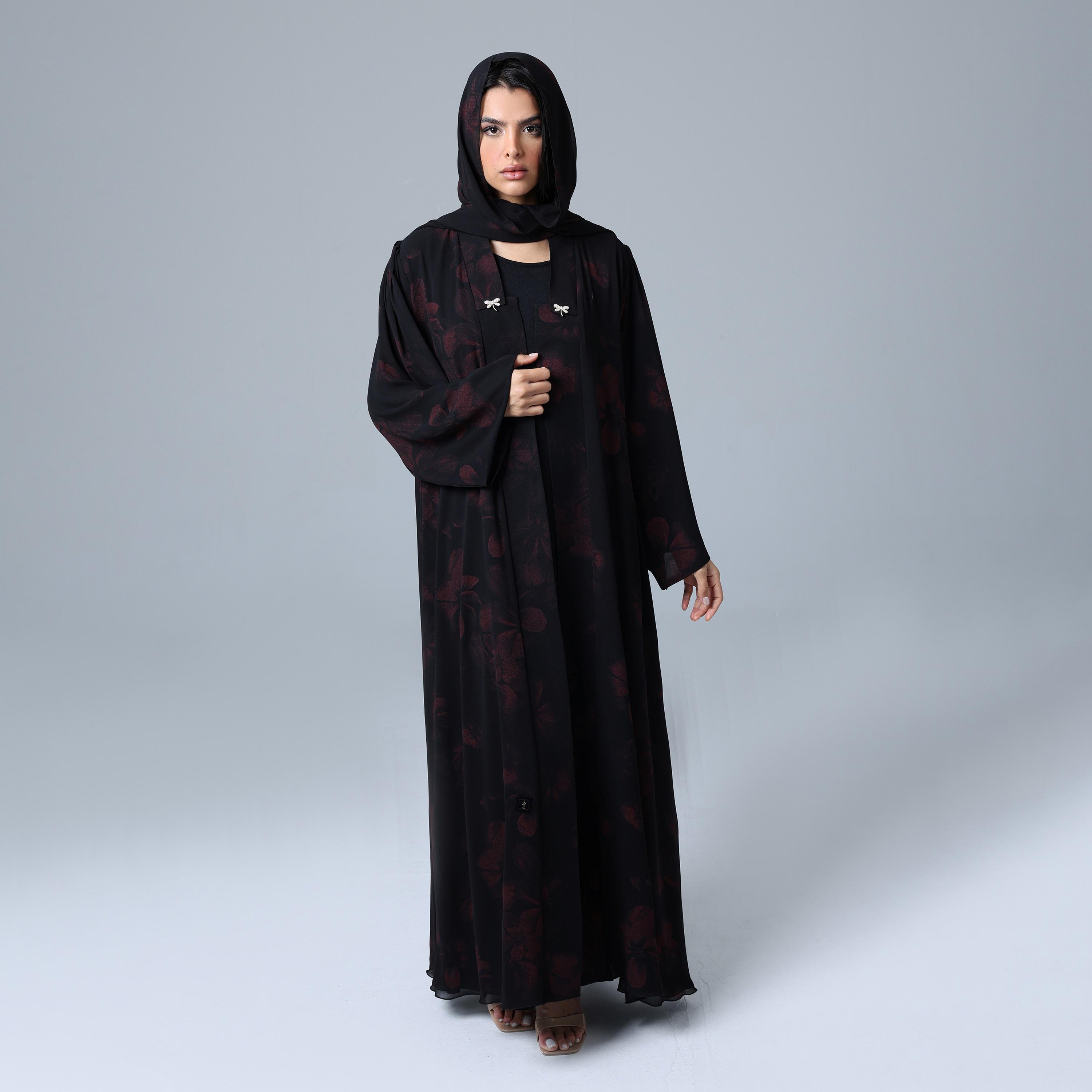 عباءة نسائية من الشيفون بأكمام واسعة مزينة بزهور مع حجاب من إككسا.-women-arabicclothing-abayas-image-1