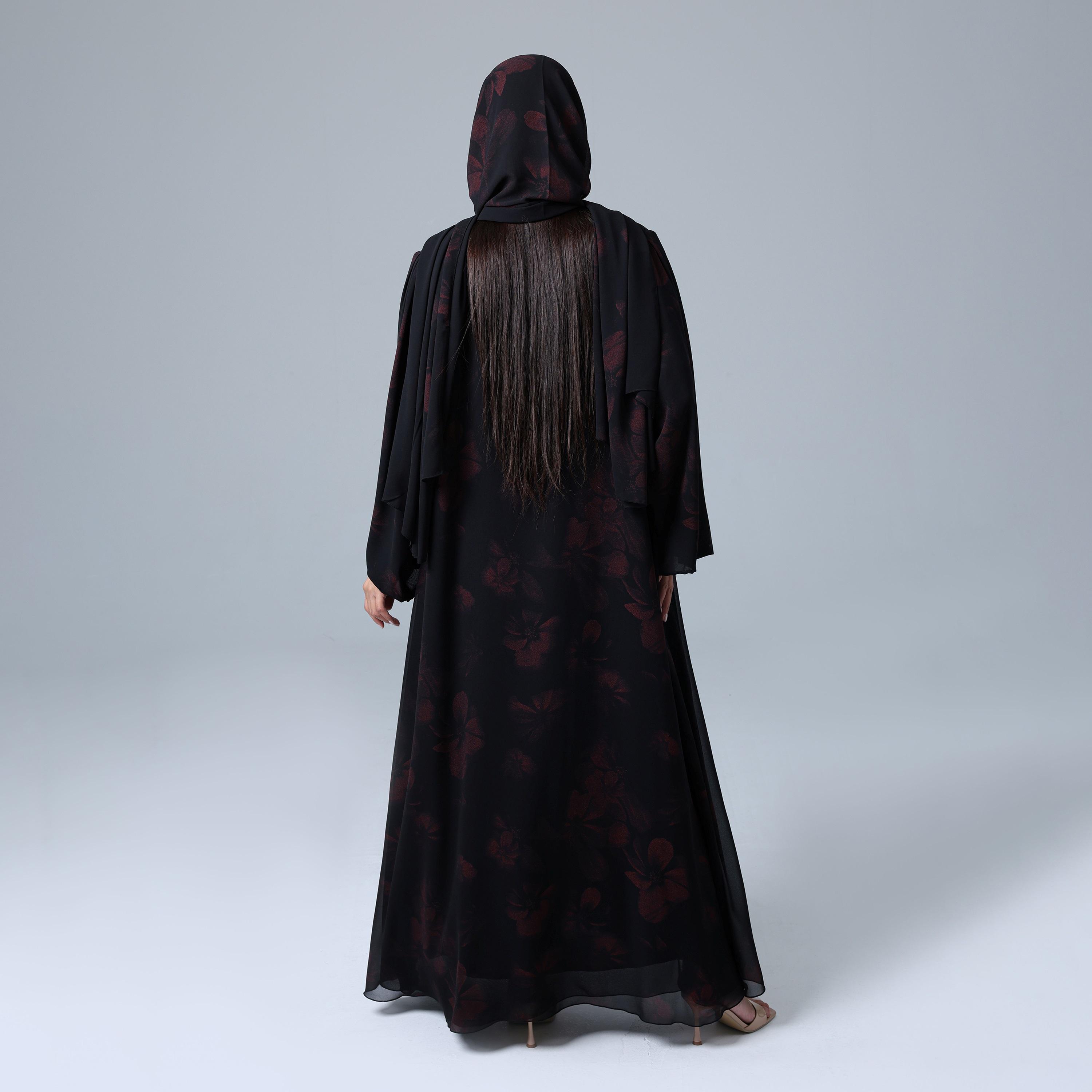 عباءة نسائية من الشيفون بأكمام واسعة مزينة بزهور مع حجاب من إككسا.-women-arabicclothing-abayas-image-5