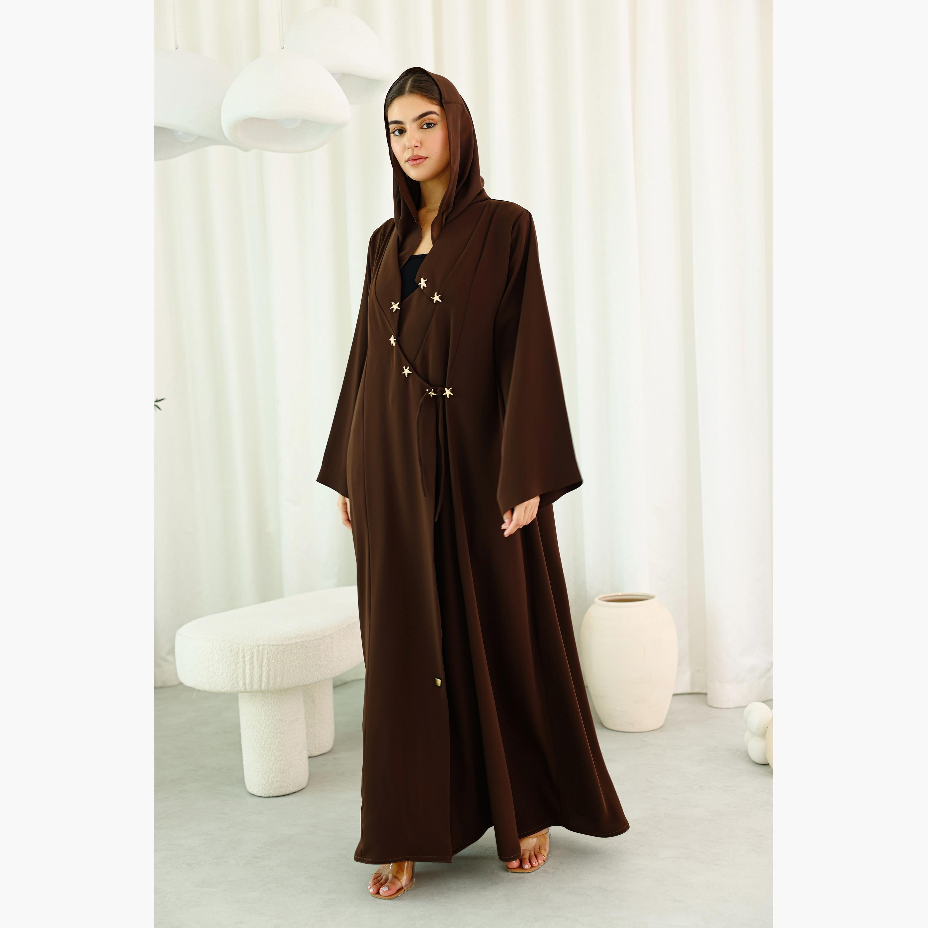 IKKXA Brown Wide Sleeves Crepe Women's Abaya with Hijab-women-arabicclothing-abayas-image-1