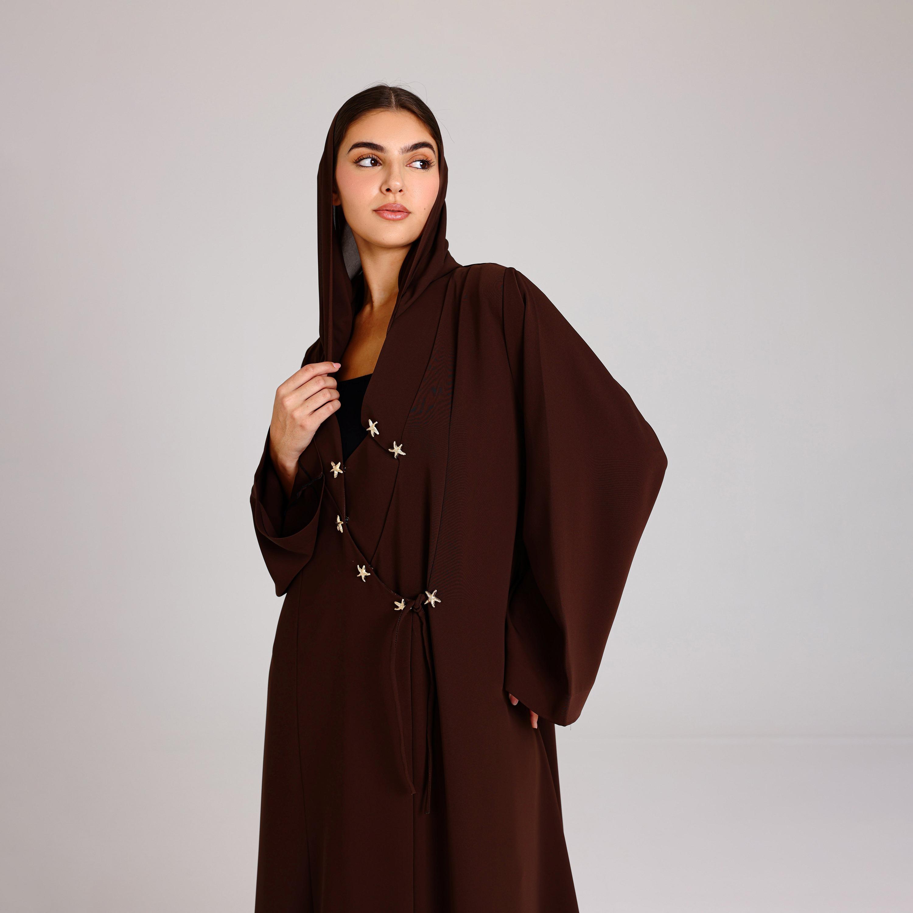 IKKXA Brown Wide Sleeves Crepe Women's Abaya with Hijab-women-arabicclothing-abayas-image-2