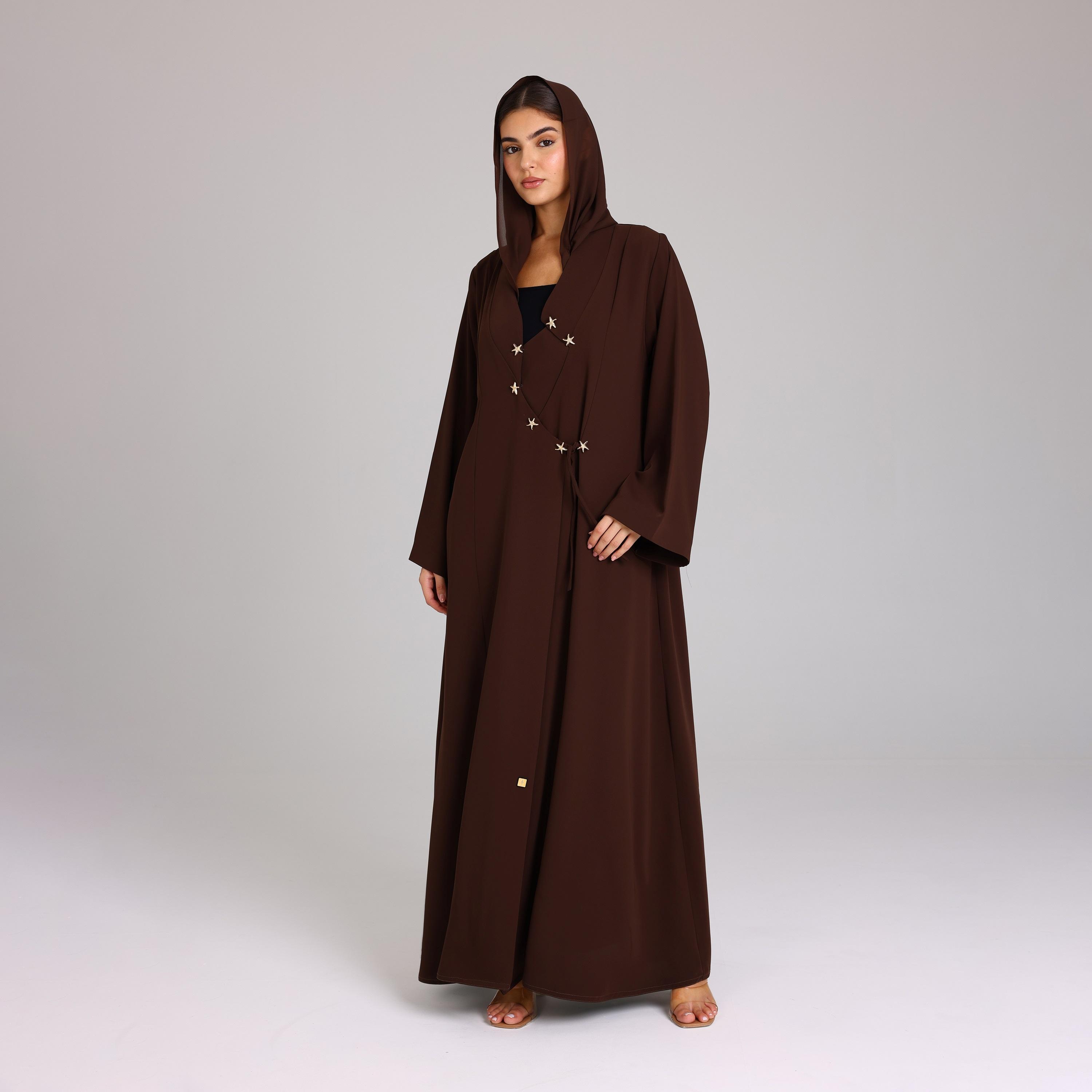 IKKXA Brown Wide Sleeves Crepe Women's Abaya with Hijab-women-arabicclothing-abayas-image-3