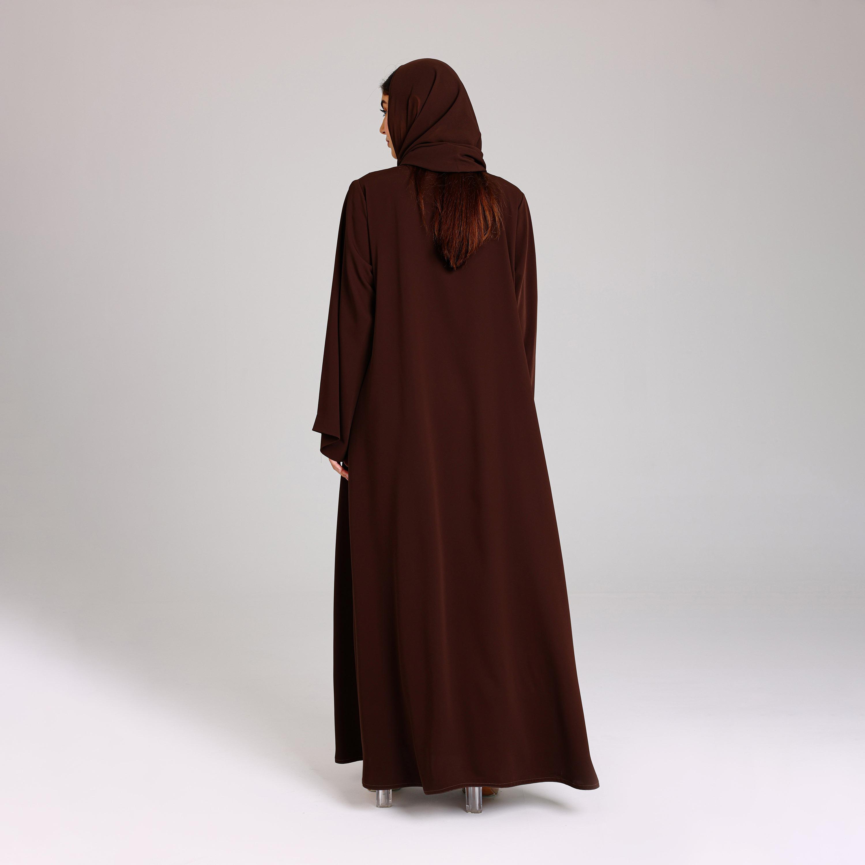 IKKXA Brown Wide Sleeves Crepe Women's Abaya with Hijab-women-arabicclothing-abayas-image-5