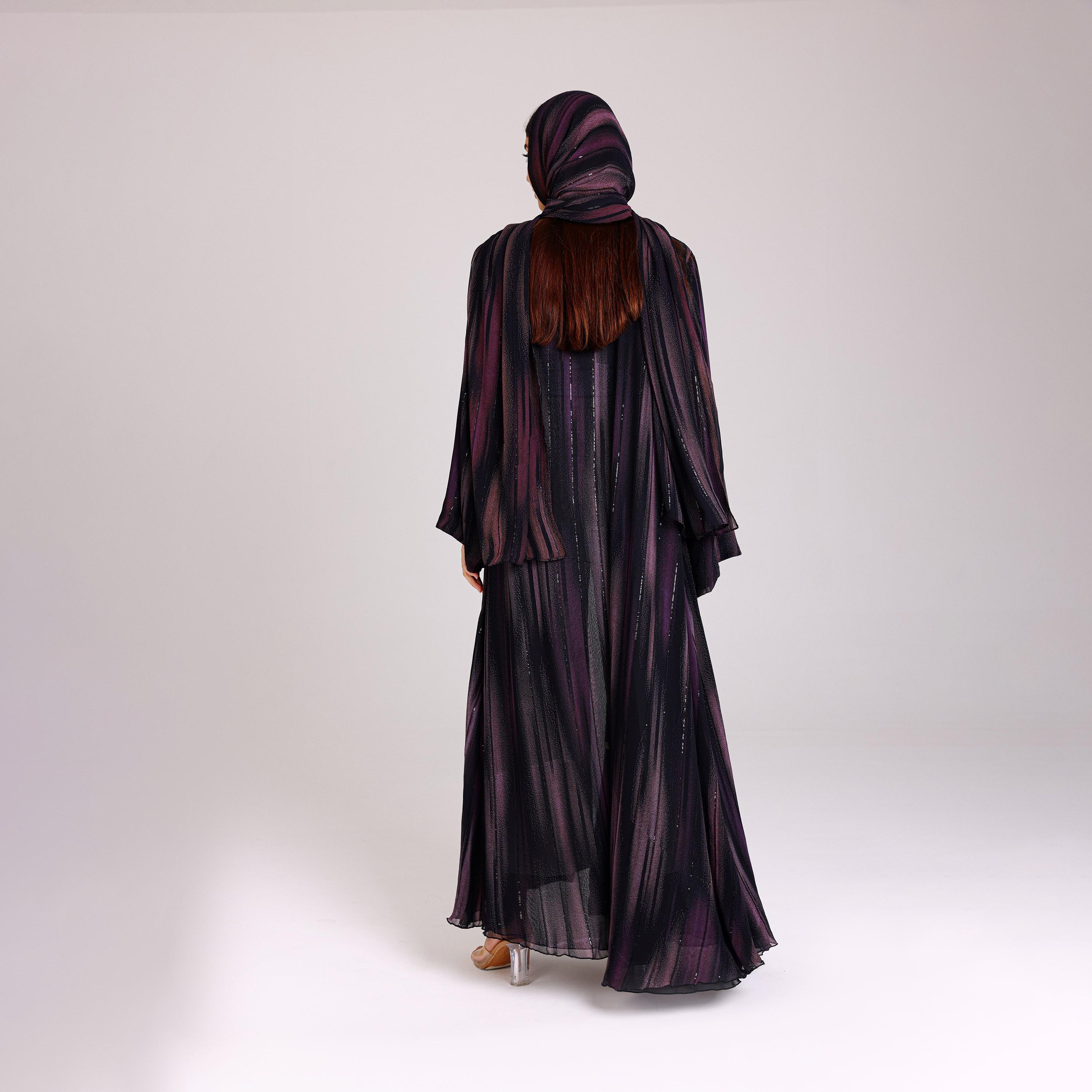 IKKXA Purple Sequin Stripes Chiffon Women's Abaya with Hijab-women-arabicclothing-abayas-image-5