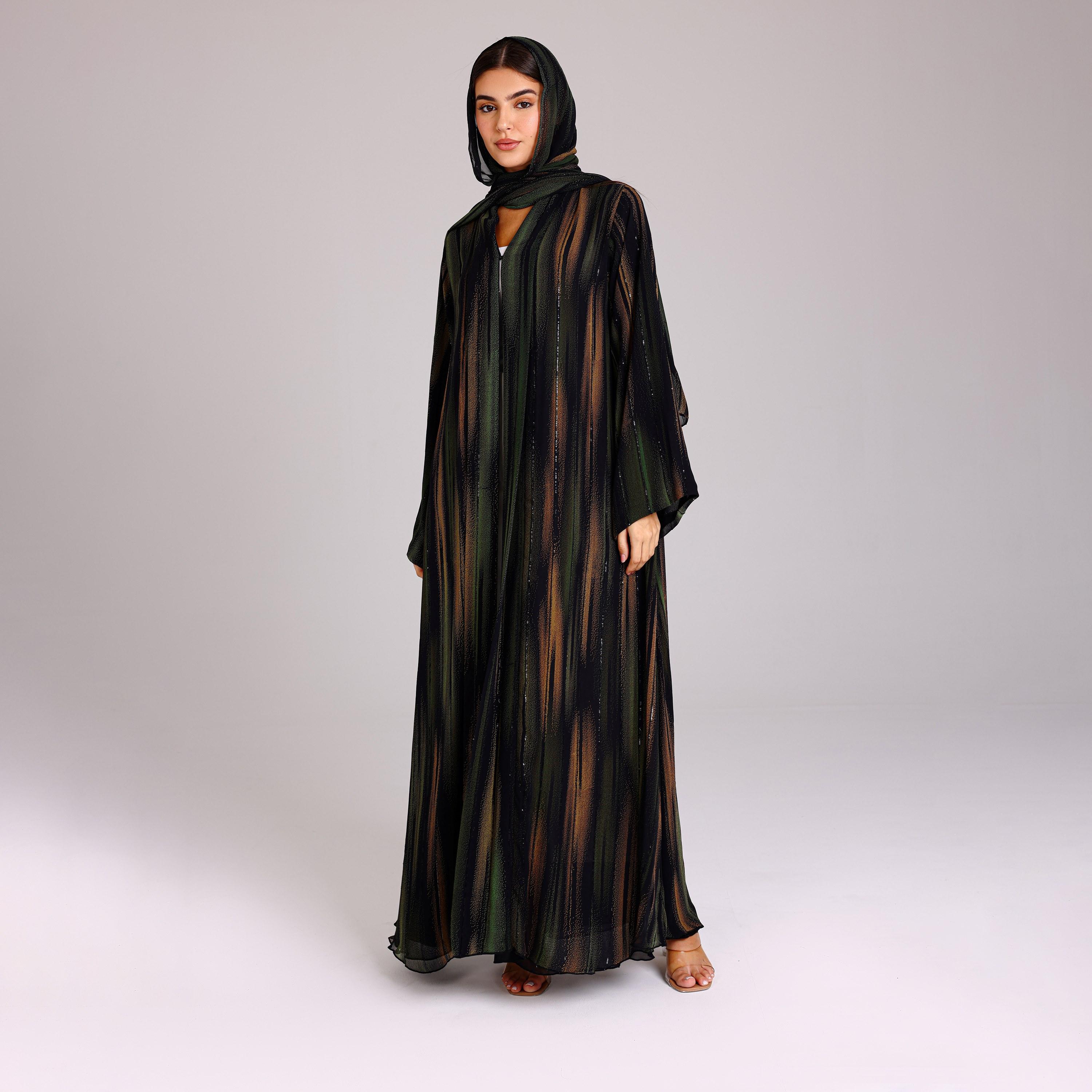 عباية نسائية شيفون بأكمام واسعة بخطوط ترتر برتقالية مع حجاب من إككسا.-women-arabicclothing-abayas-image-1