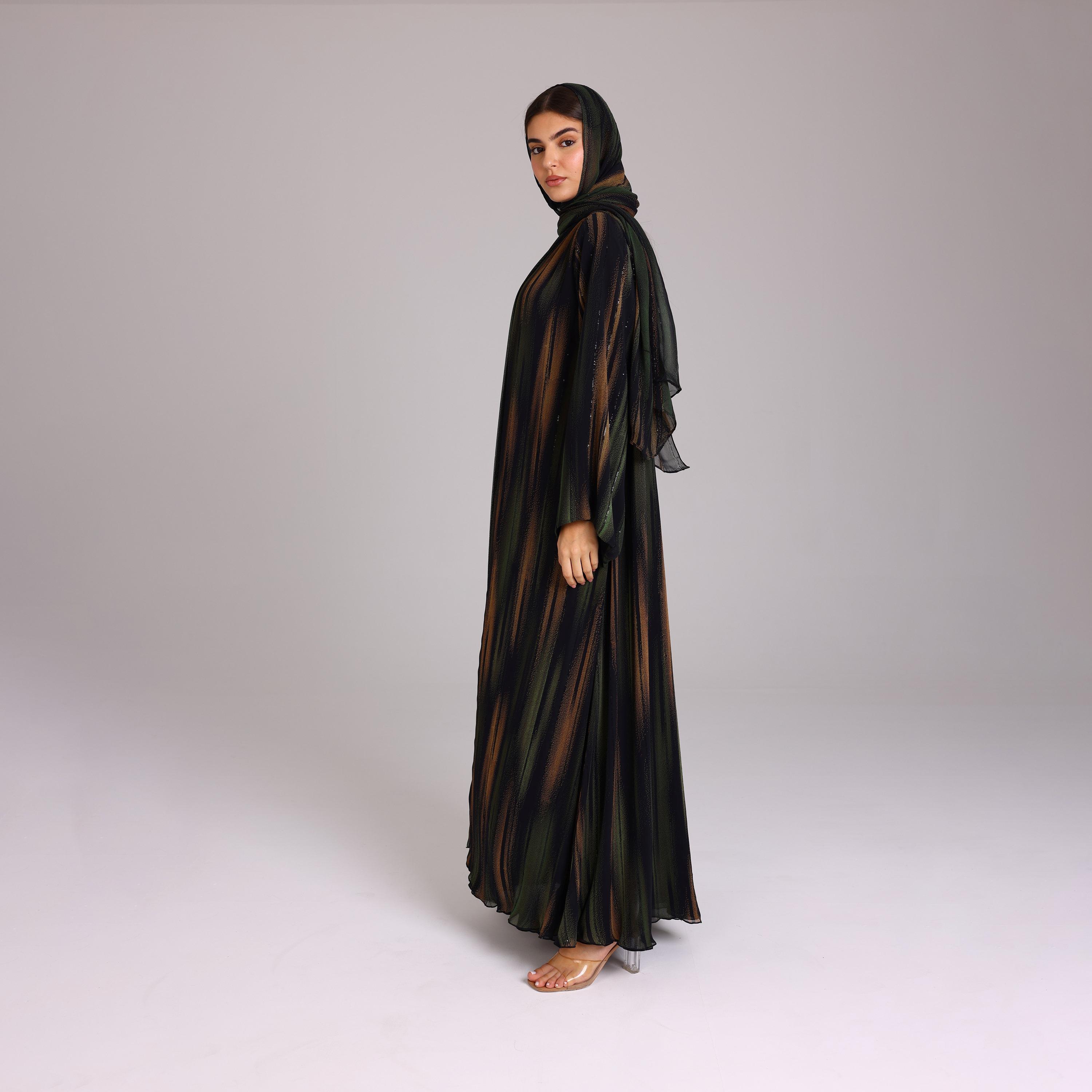 عباية نسائية شيفون بأكمام واسعة بخطوط ترتر برتقالية مع حجاب من إككسا.-women-arabicclothing-abayas-image-4