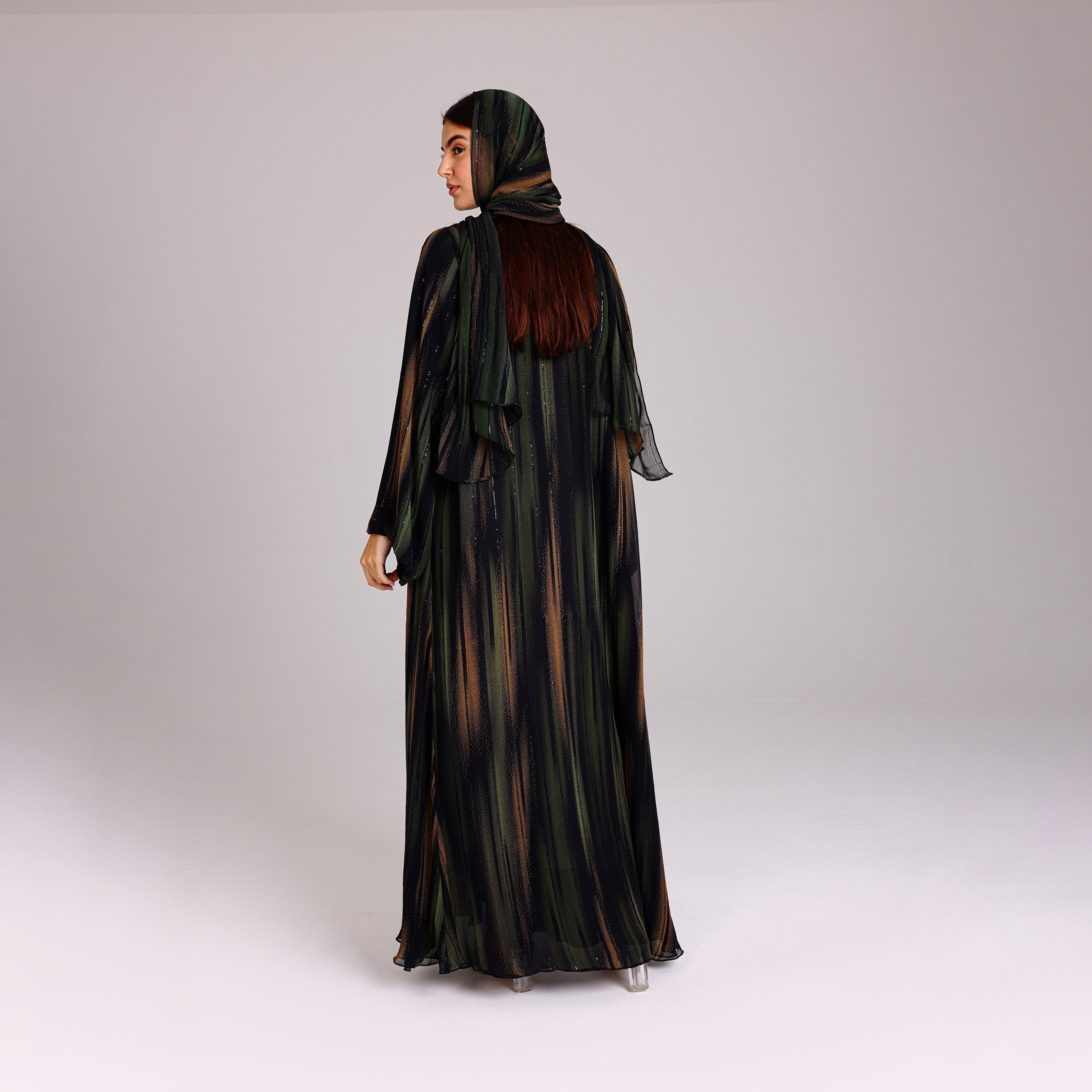 عباية نسائية شيفون بأكمام واسعة بخطوط ترتر برتقالية مع حجاب من إككسا.-women-arabicclothing-abayas-image-5