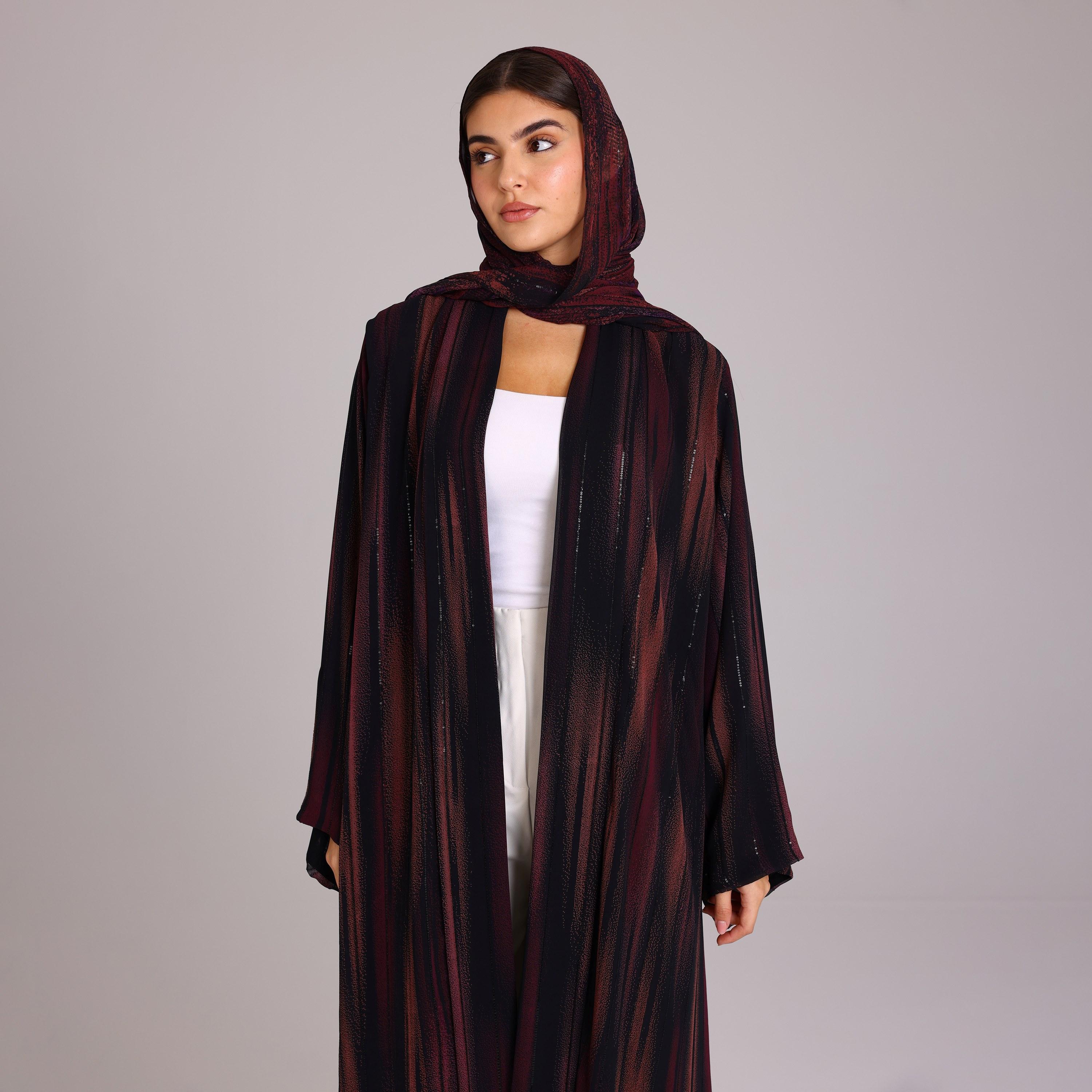 عباية نسائية شيفون بأكمام واسعة بخطوط ترتر أرجوانية مع حجاب من إككسا.-women-arabicclothing-abayas-image-2