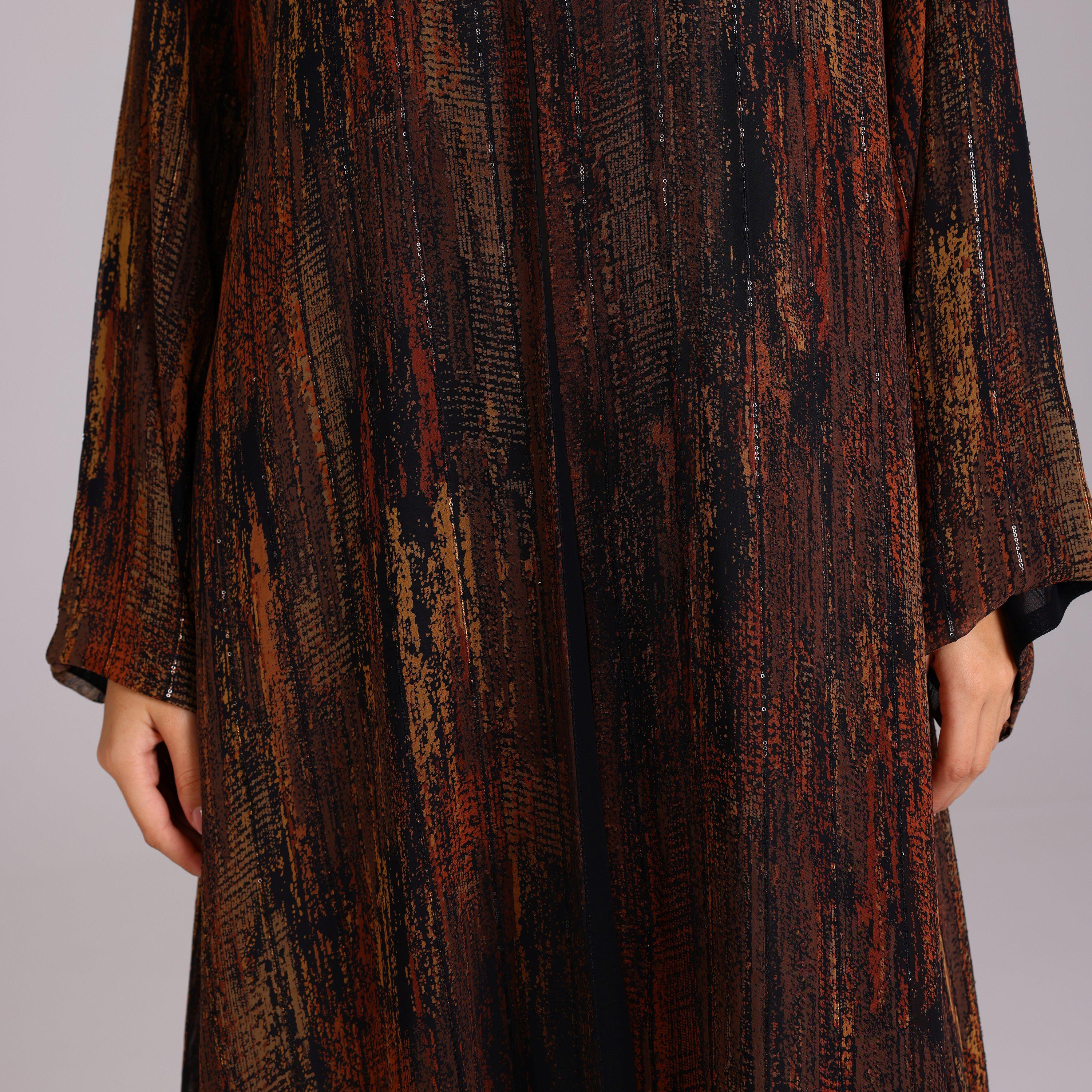 عباية نسائية شيفون بأكمام واسعة بخطوط ترتر برتقالية مع حجاب من إككسا.-women-arabicclothing-abayas-image-3