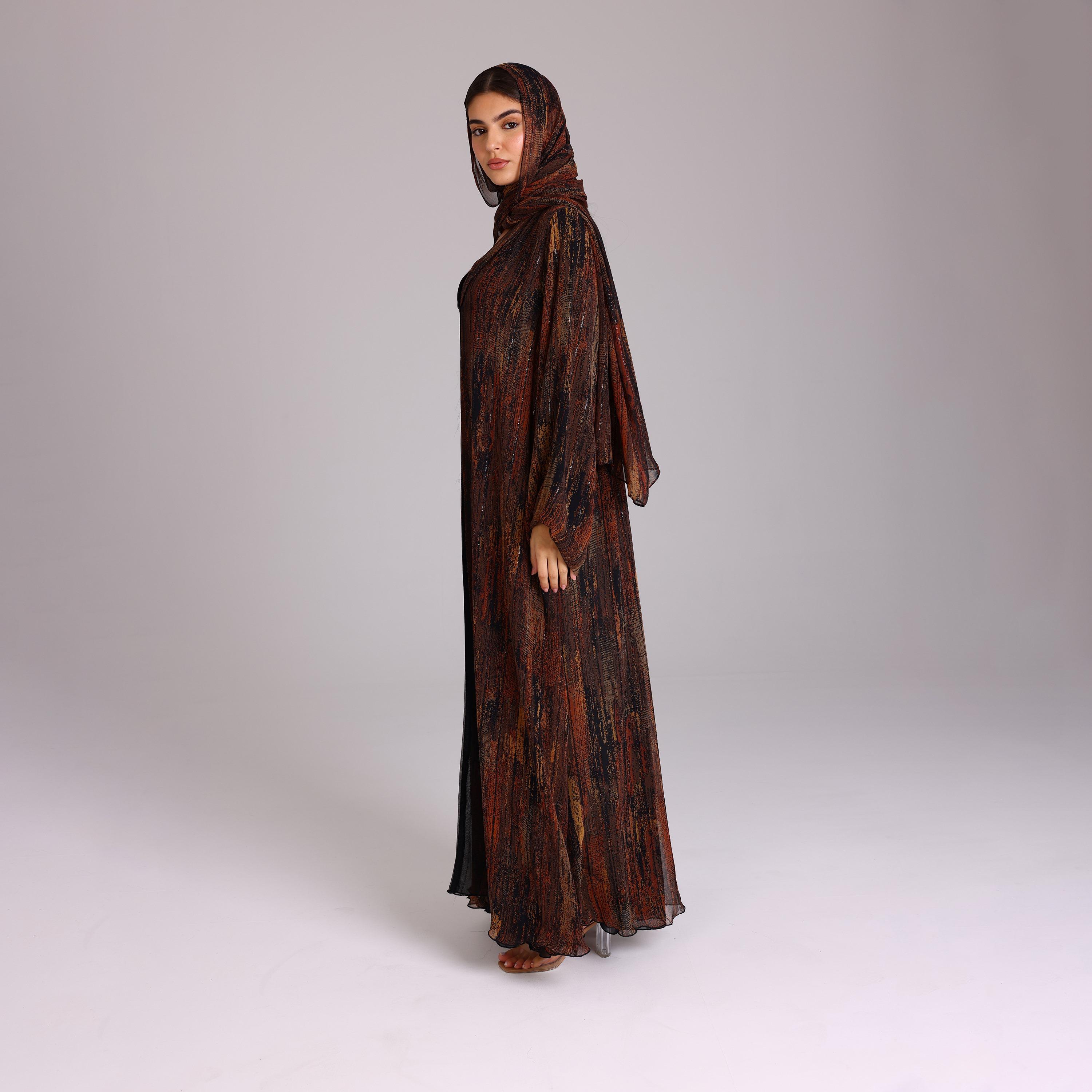 عباية نسائية شيفون بأكمام واسعة بخطوط ترتر برتقالية مع حجاب من إككسا.-women-arabicclothing-abayas-image-4