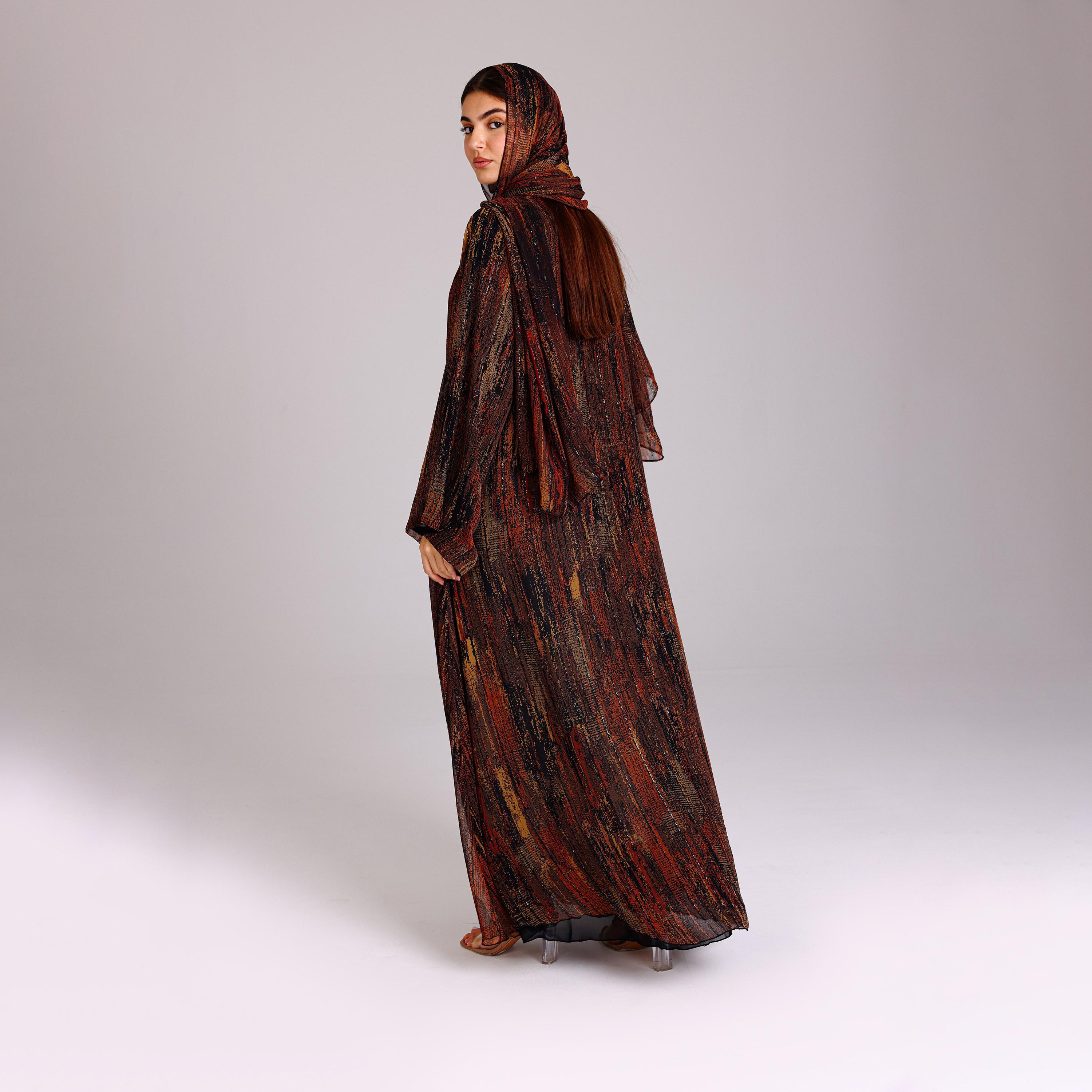 عباية نسائية شيفون بأكمام واسعة بخطوط ترتر برتقالية مع حجاب من إككسا.-women-arabicclothing-abayas-image-5