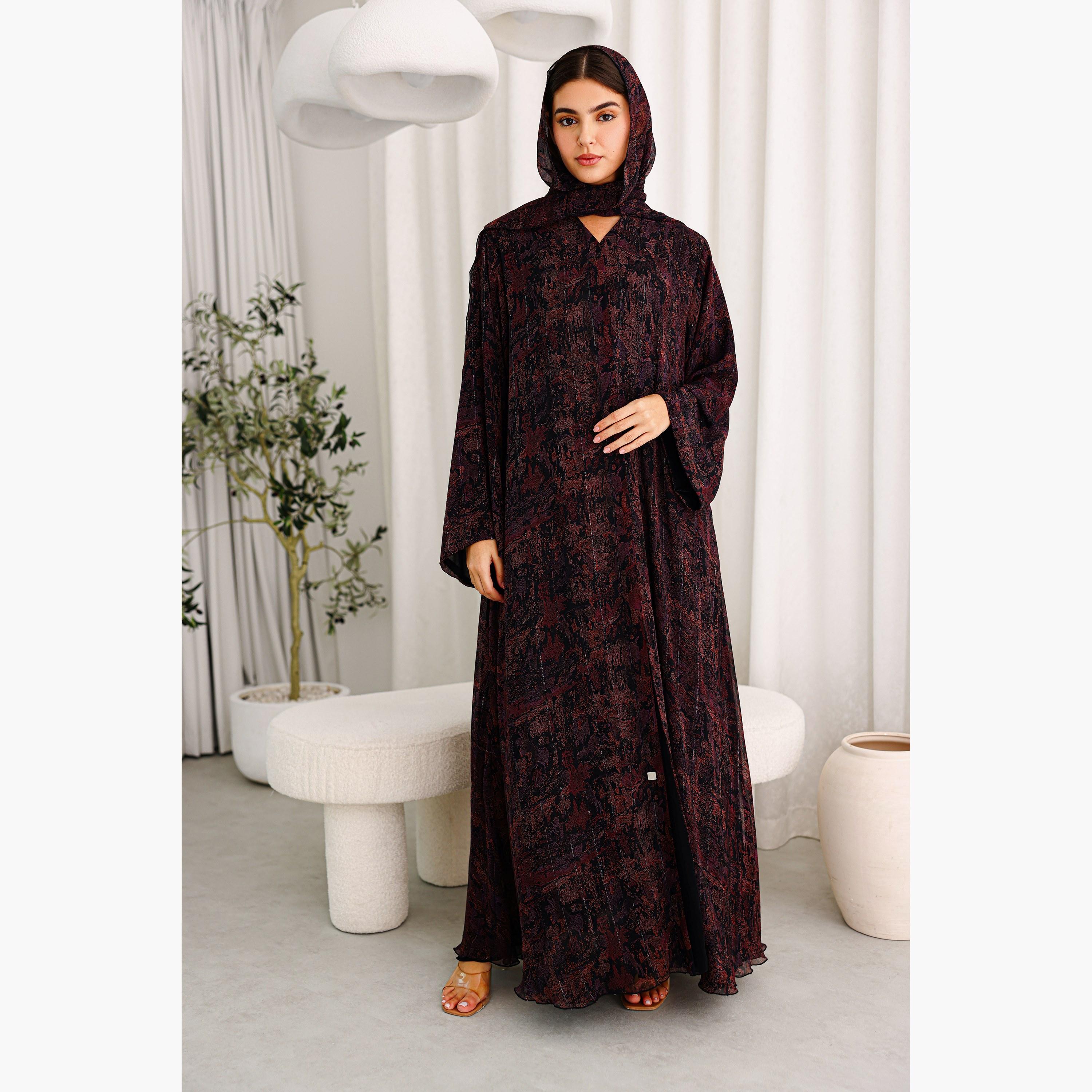IKKXA Purple Sequin Stripes Wide Sleeves Chiffon Women's Abaya with Hijab-women-arabicclothing-abayas-image-1