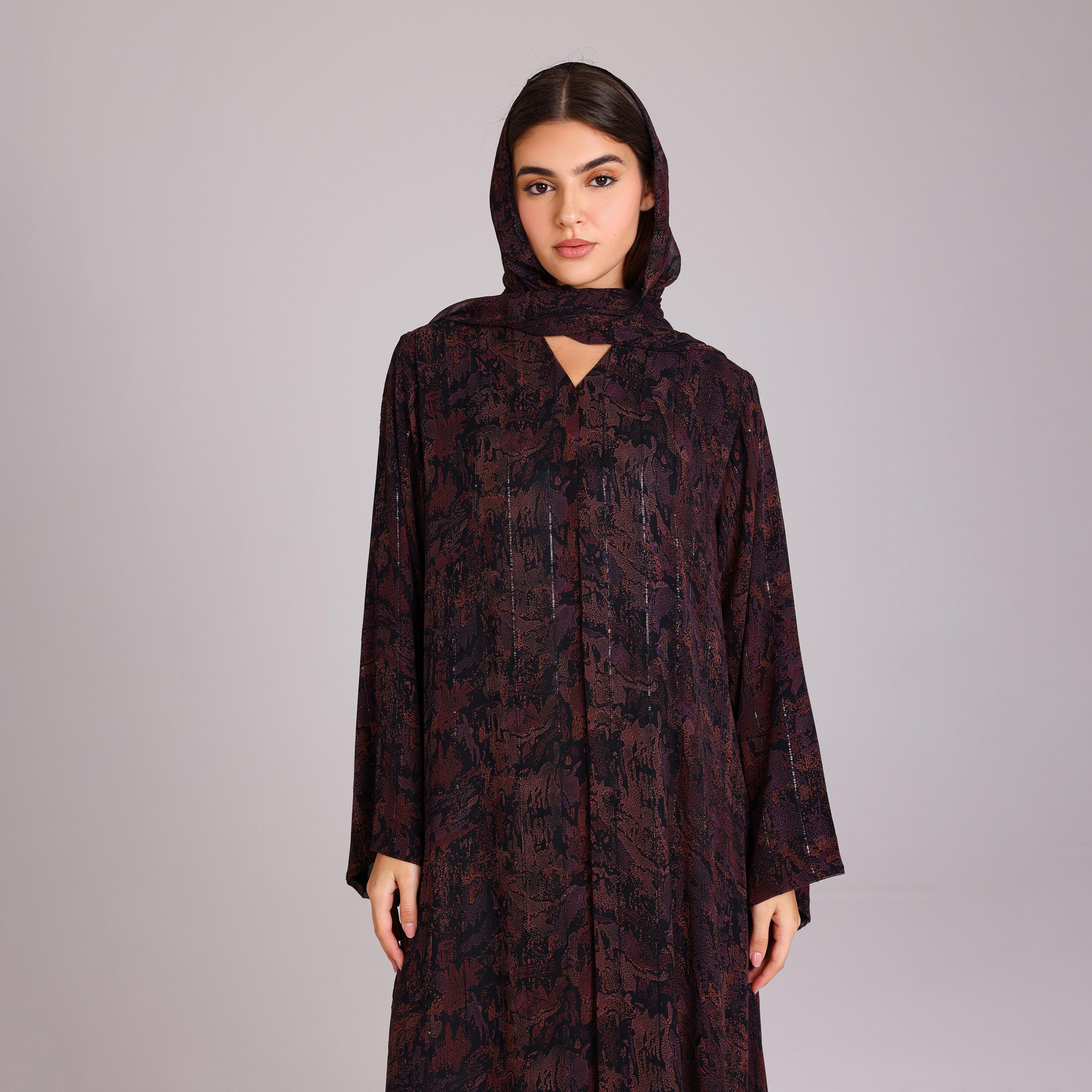 عباية نسائية شيفون بأكمام واسعة بخطوط ترتر أرجوانية مع حجاب من إككسا.-women-arabicclothing-abayas-image-2