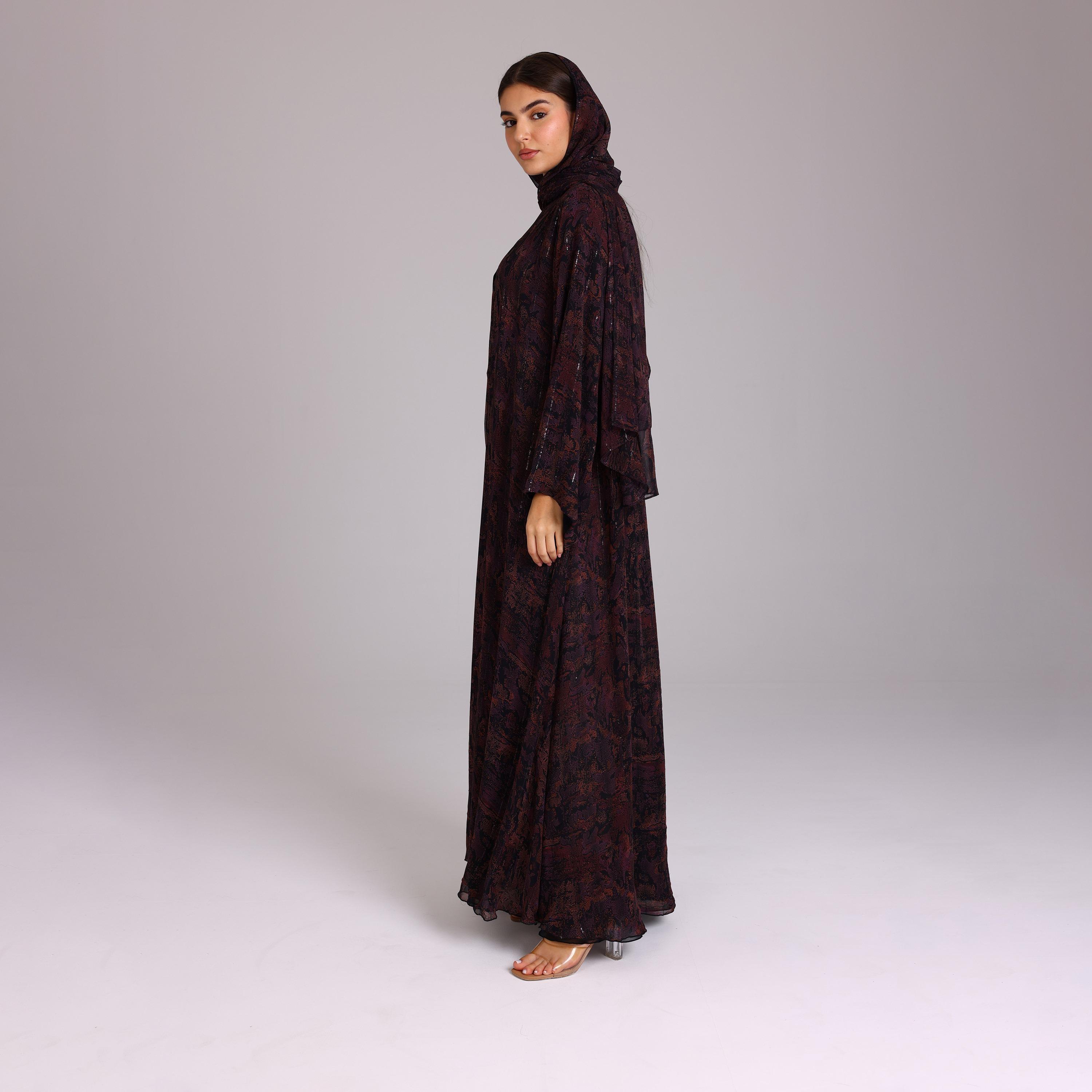IKKXA Purple Sequin Stripes Wide Sleeves Chiffon Women's Abaya with Hijab-women-arabicclothing-abayas-image-3