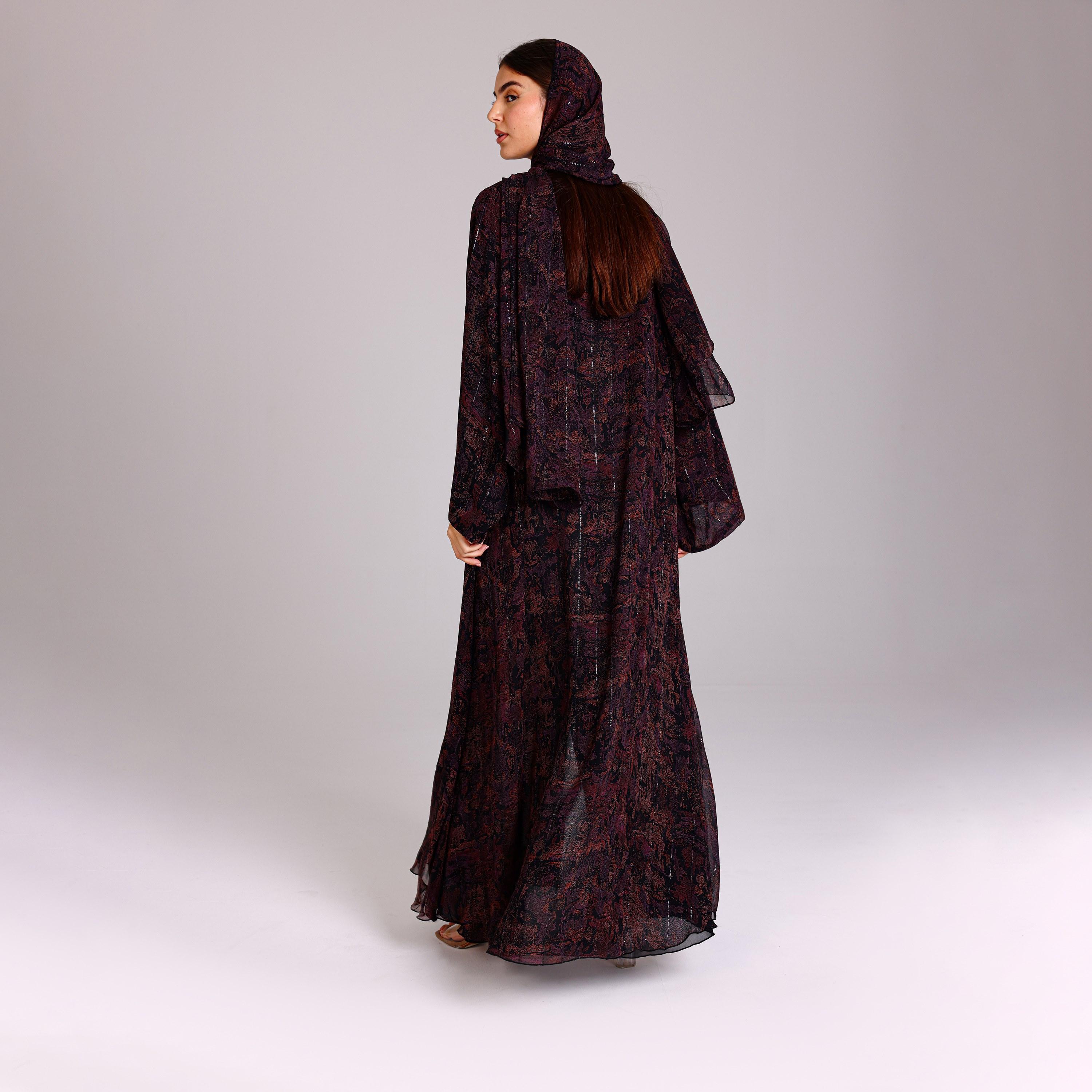 عباية نسائية شيفون بأكمام واسعة بخطوط ترتر أرجوانية مع حجاب من إككسا.-women-arabicclothing-abayas-image-5