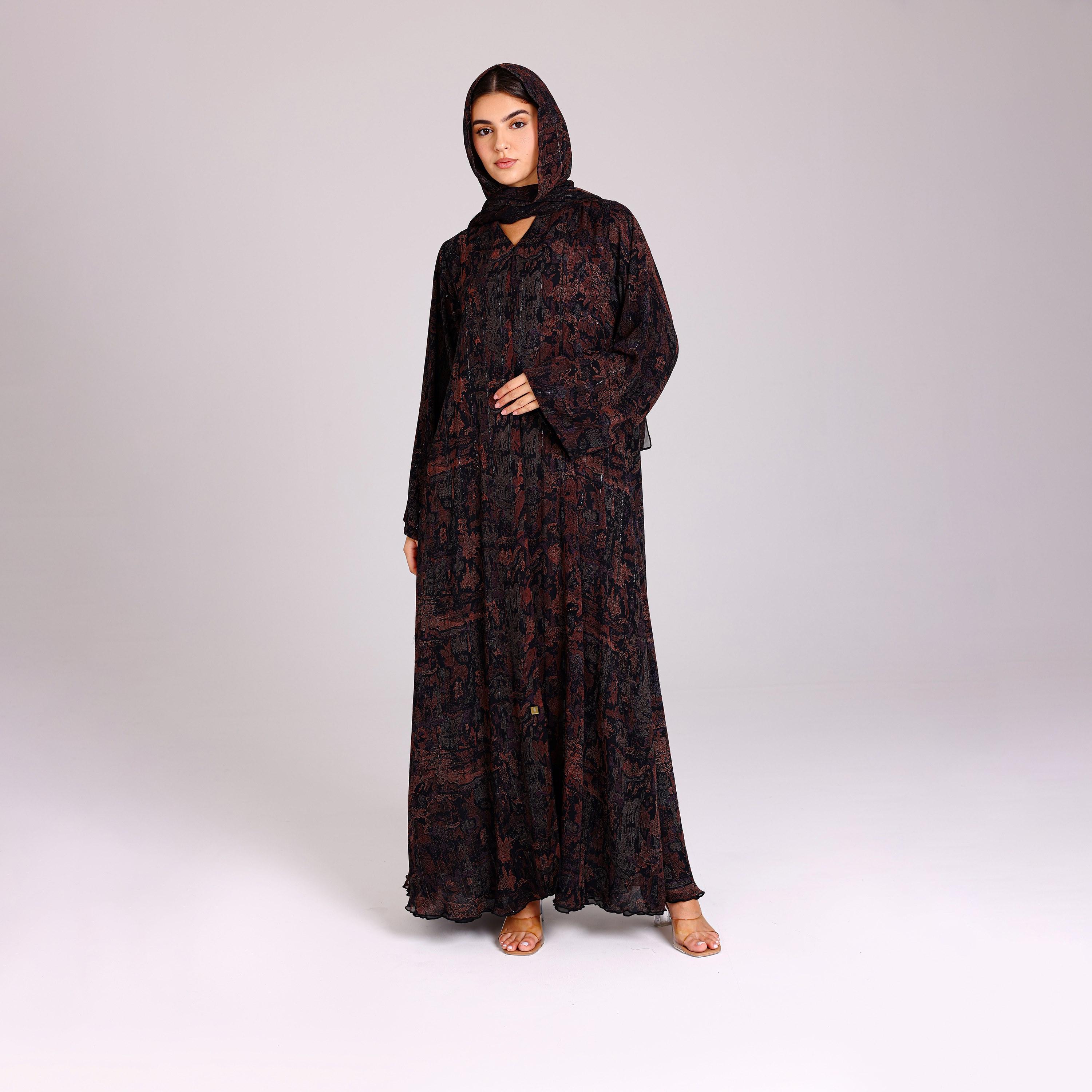 IKKXA Brown Sequin Stripes Wide Sleeves Chiffon Women's Abaya with Hijab-women-arabicclothing-abayas-image-1