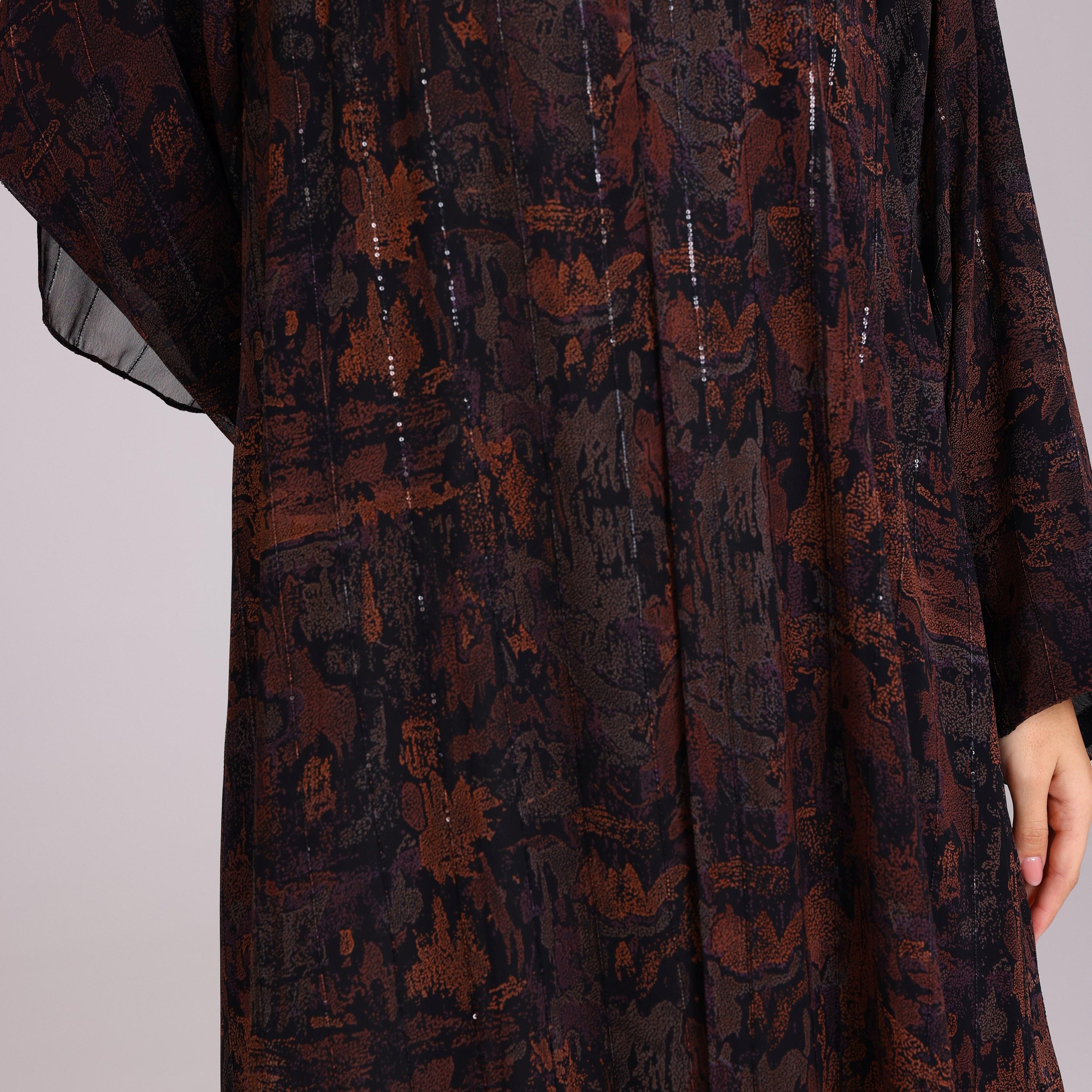 IKKXA Brown Sequin Stripes Wide Sleeves Chiffon Women's Abaya with Hijab-women-arabicclothing-abayas-image-3
