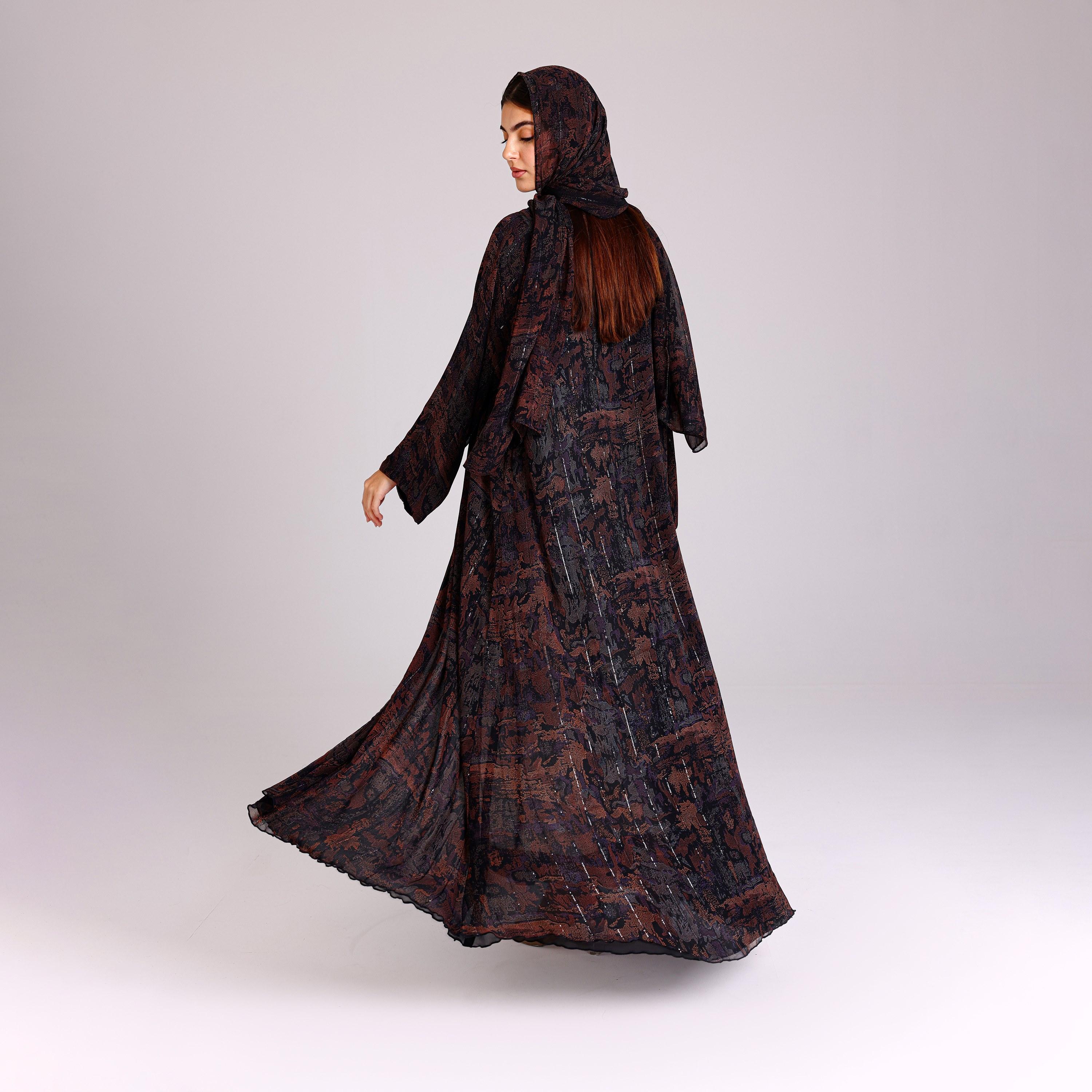 IKKXA Brown Sequin Stripes Wide Sleeves Chiffon Women's Abaya with Hijab-women-arabicclothing-abayas-image-5