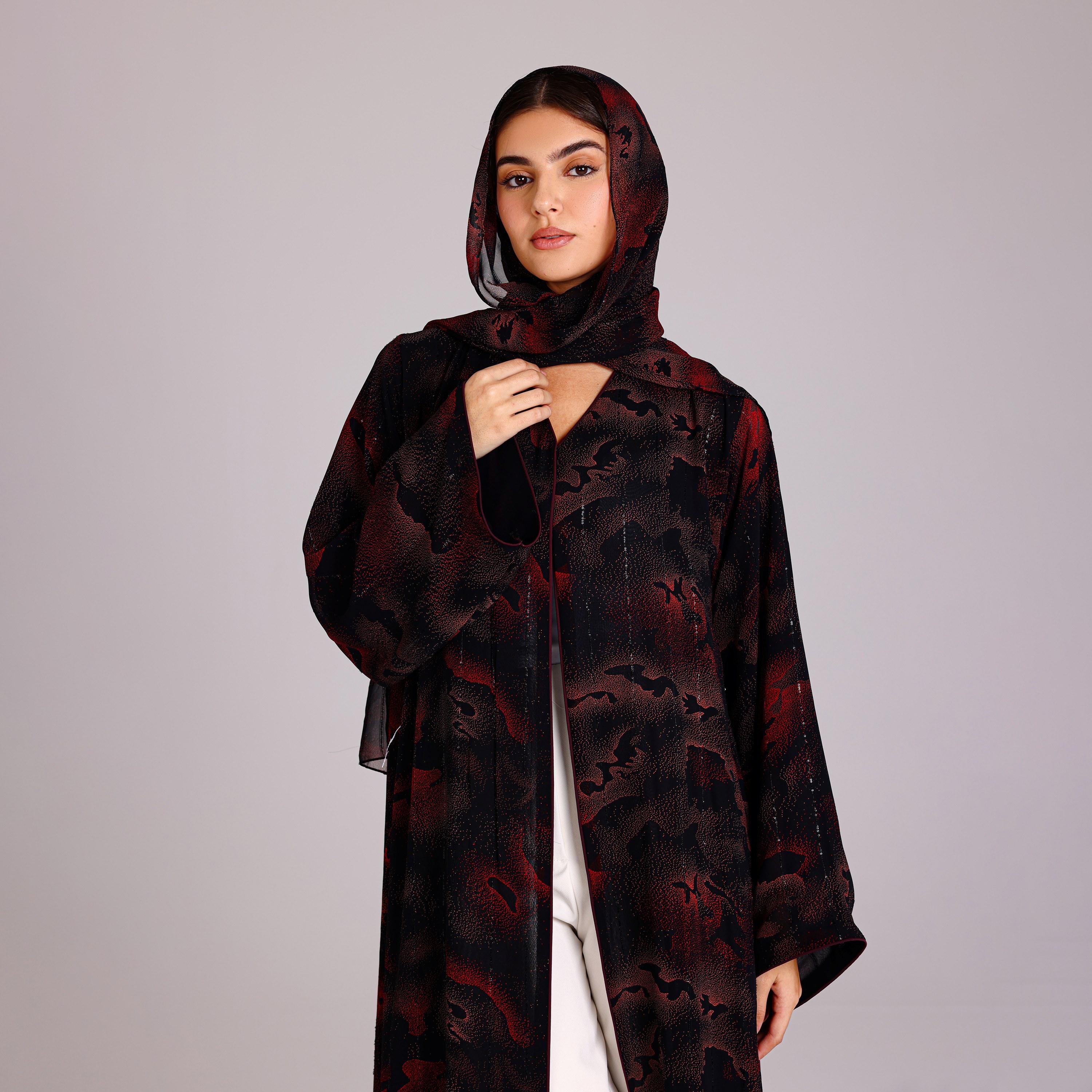 عباية نسائية شيفون بأكمام واسعة بخطوط ترتر حمراء مع حجاب من إككسا.-women-arabicclothing-abayas-image-2