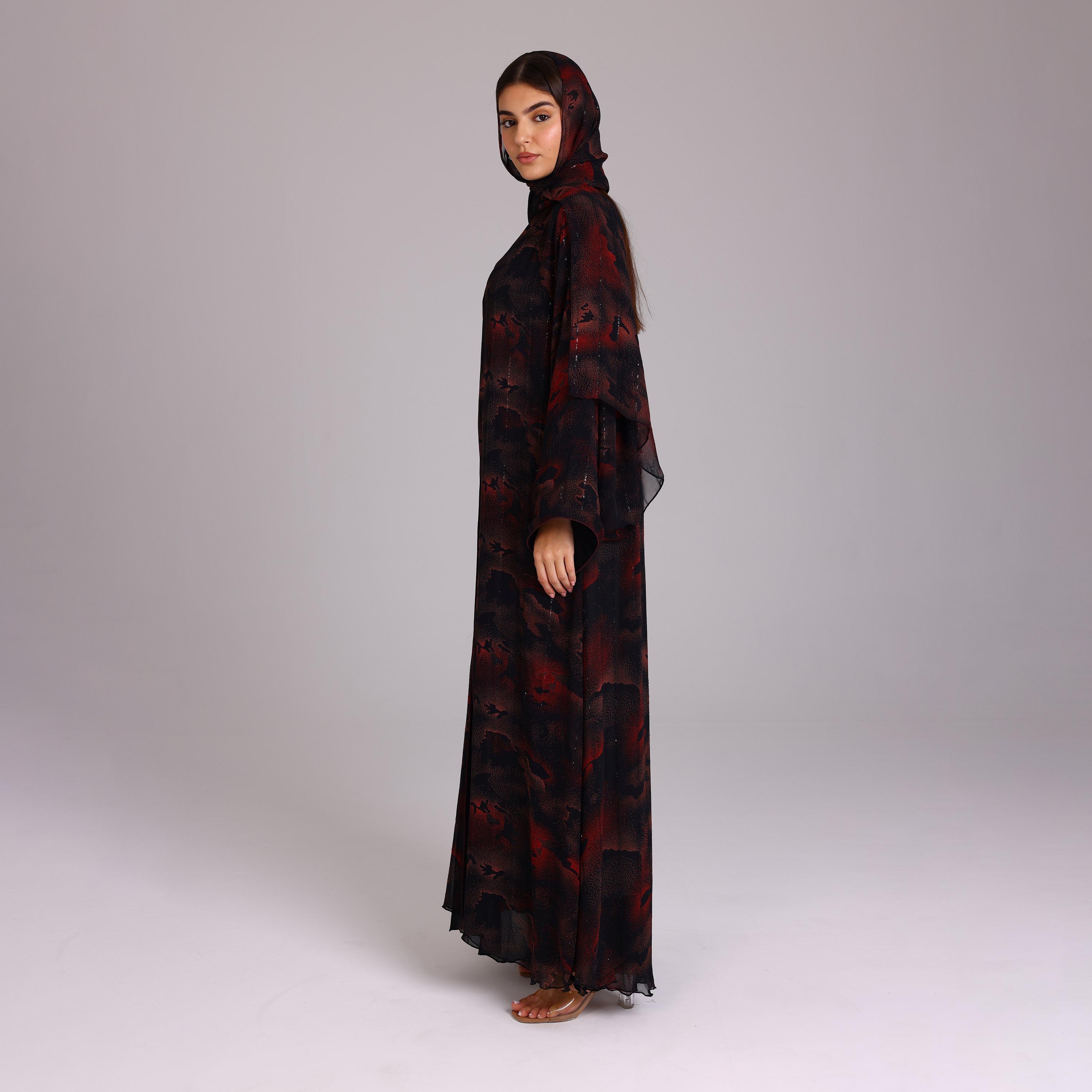 عباية نسائية شيفون بأكمام واسعة بخطوط ترتر حمراء مع حجاب من إككسا.-women-arabicclothing-abayas-image-4
