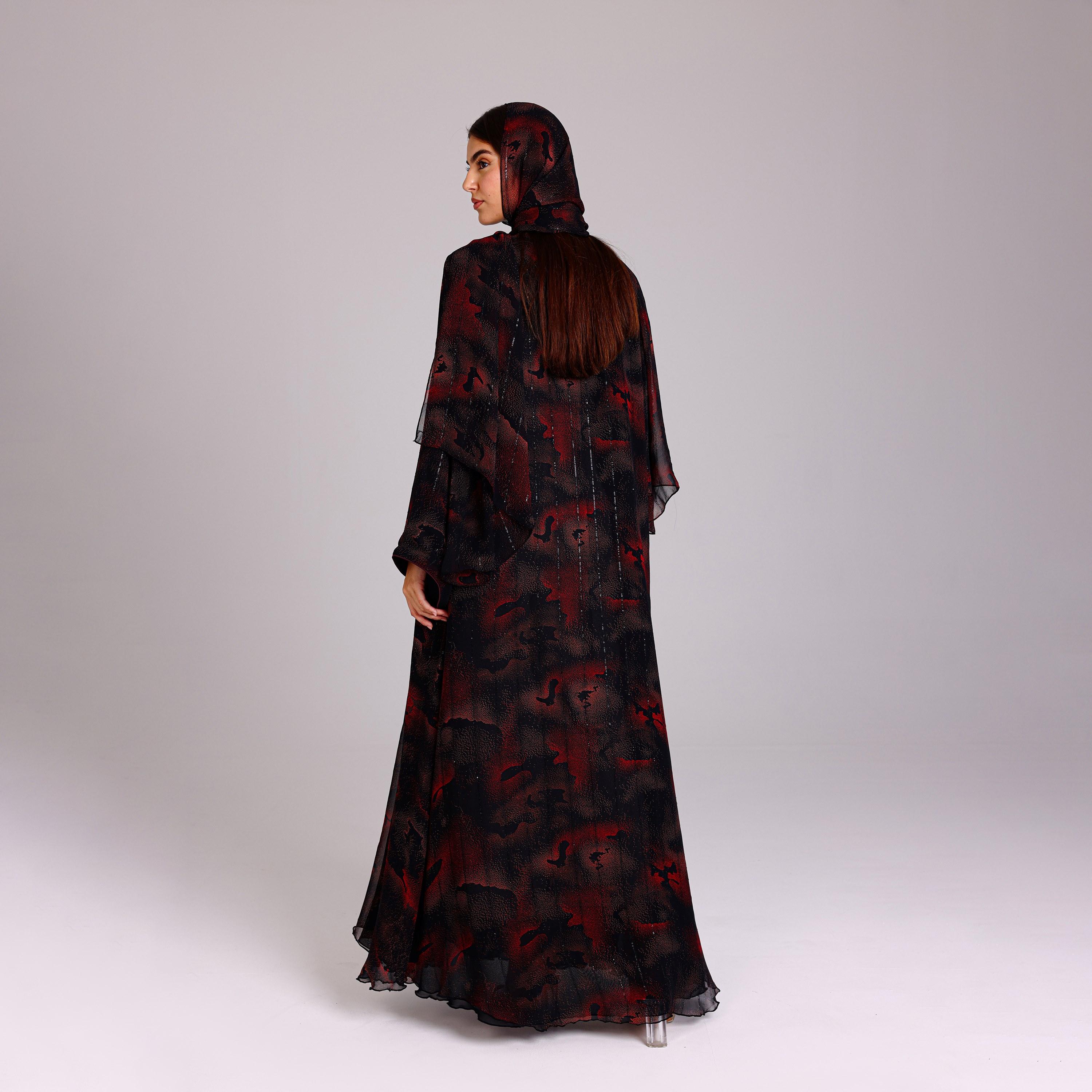 عباية نسائية شيفون بأكمام واسعة بخطوط ترتر حمراء مع حجاب من إككسا.-women-arabicclothing-abayas-image-5