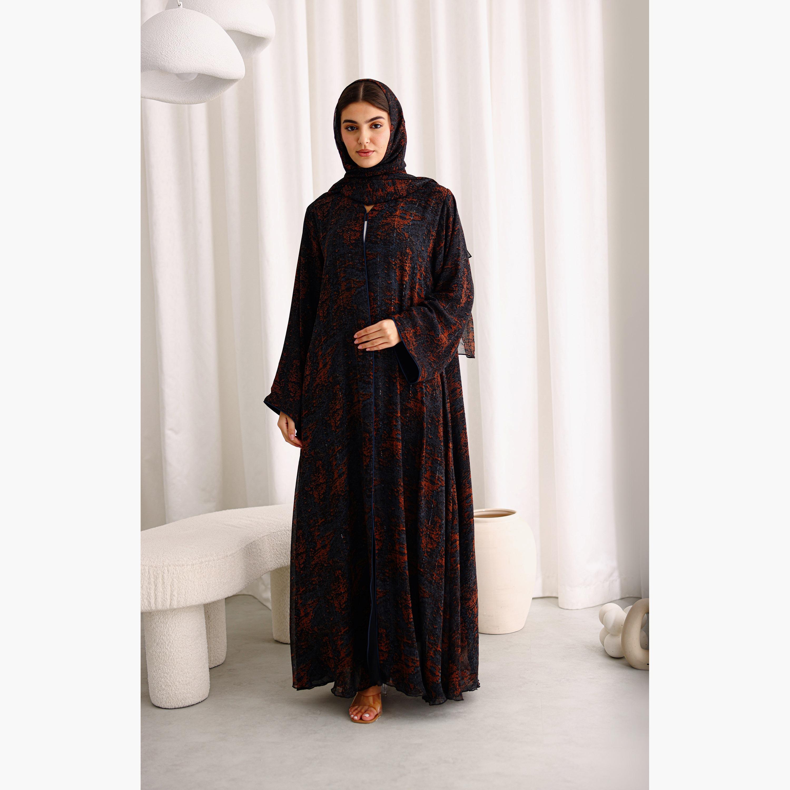 عباية نسائية شيفون بأكمام واسعة بخطوط ترتر زرقاء مع حجاب من إككسا.-women-arabicclothing-abayas-image-1