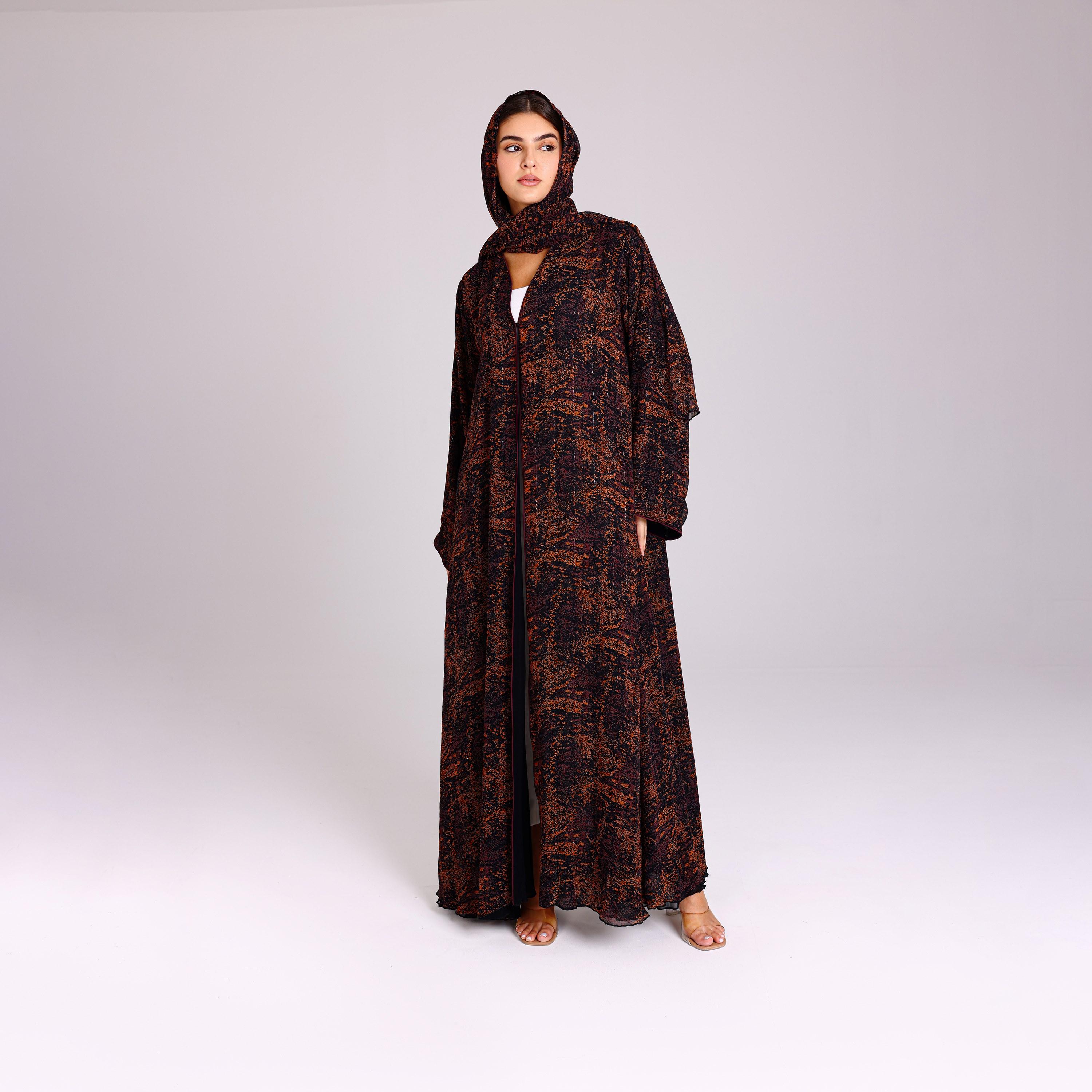 IKKXA Orange Sequin Stripes Wide Sleeves Chiffon Women's Abaya with Hijab-women-arabicclothing-abayas-image-1