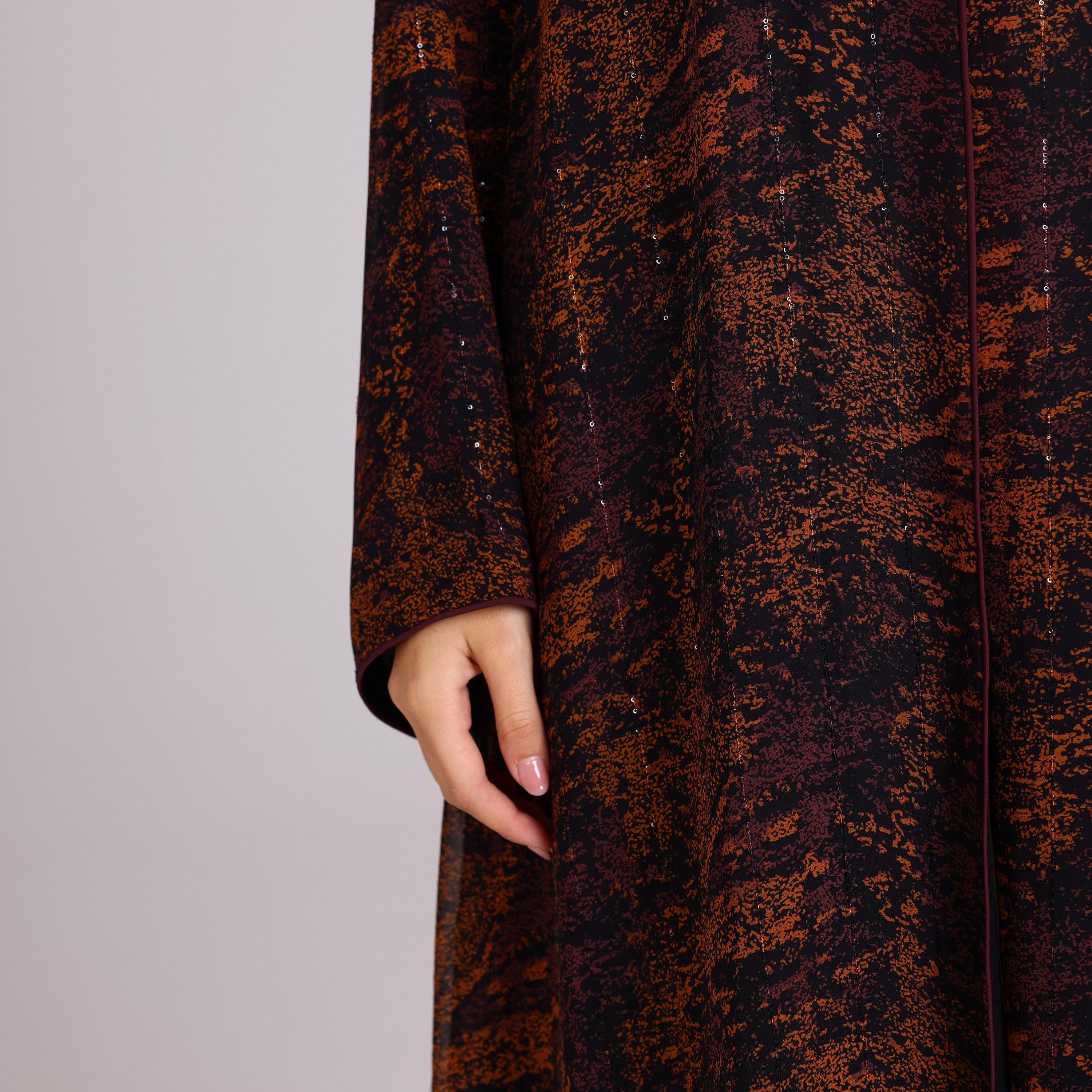 IKKXA Orange Sequin Stripes Wide Sleeves Chiffon Women's Abaya with Hijab-women-arabicclothing-abayas-image-3