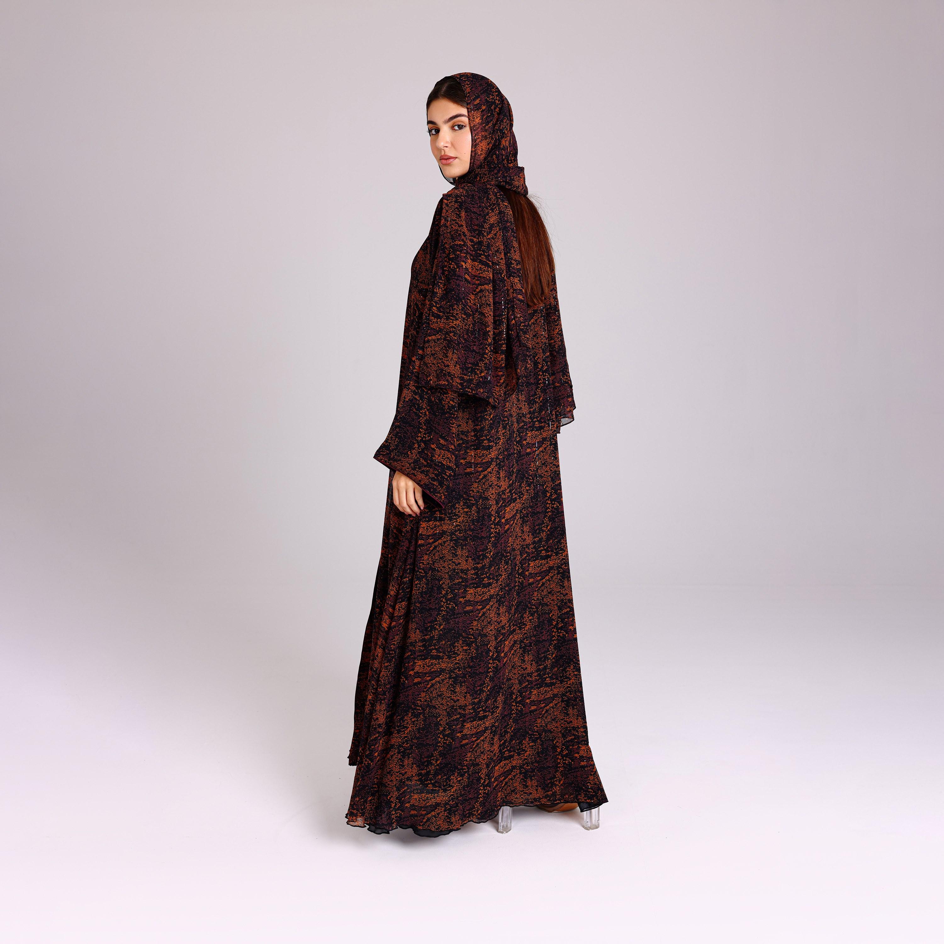 IKKXA Orange Sequin Stripes Wide Sleeves Chiffon Women's Abaya with Hijab-women-arabicclothing-abayas-image-4