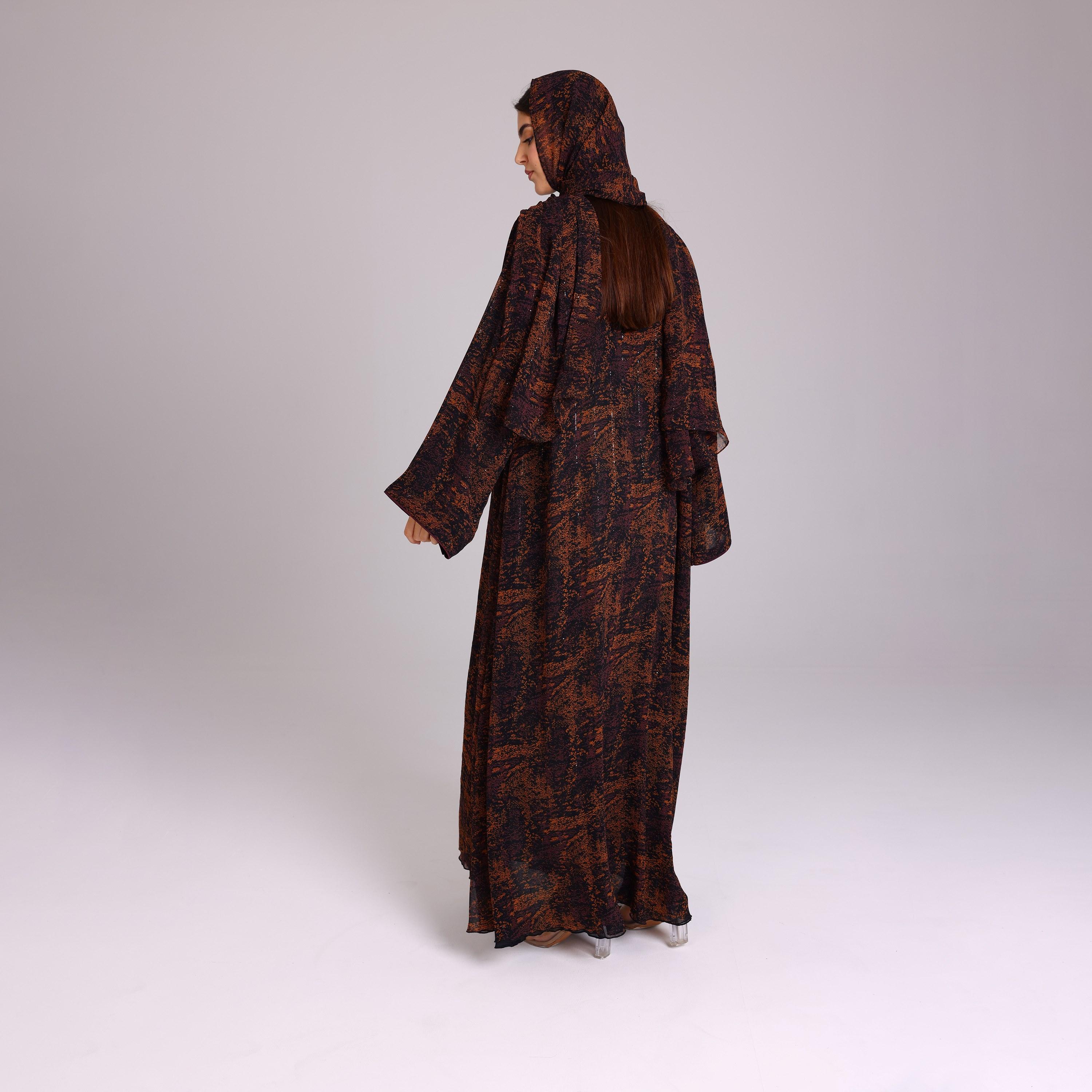 عباية نسائية شيفون بأكمام واسعة بخطوط ترتر برتقالية مع حجاب من إككسا.-women-arabicclothing-abayas-image-5